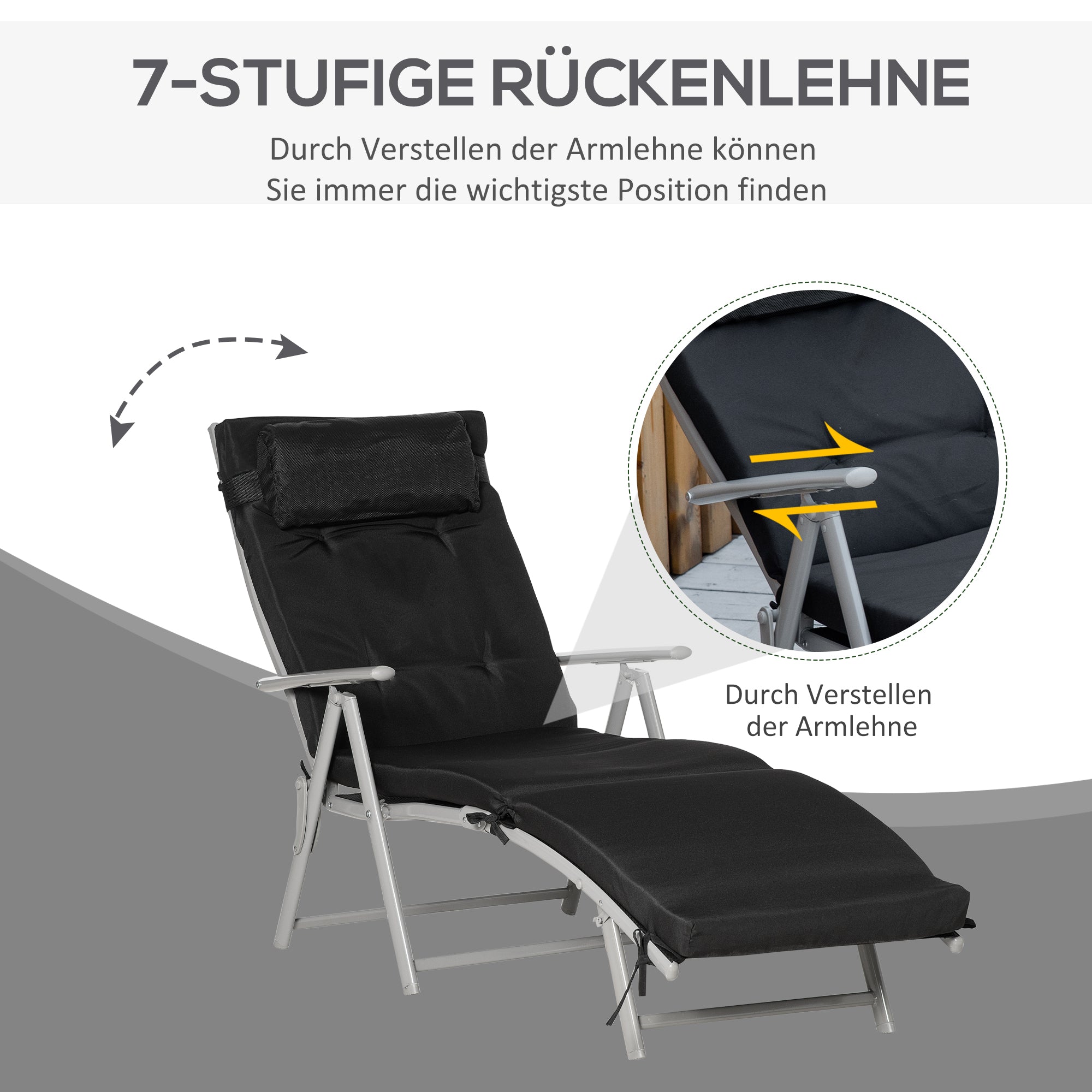 Outsunny Sonnenliege klappbar Strandliege mit Kopfkissen Sitzkissen Liegestuhl mit 7-Fach verstellbare Rückenlehne Gartenliege Relaxliege bis 165 kg belastbar, für Garten Urlaub Outdoor, Schwarz