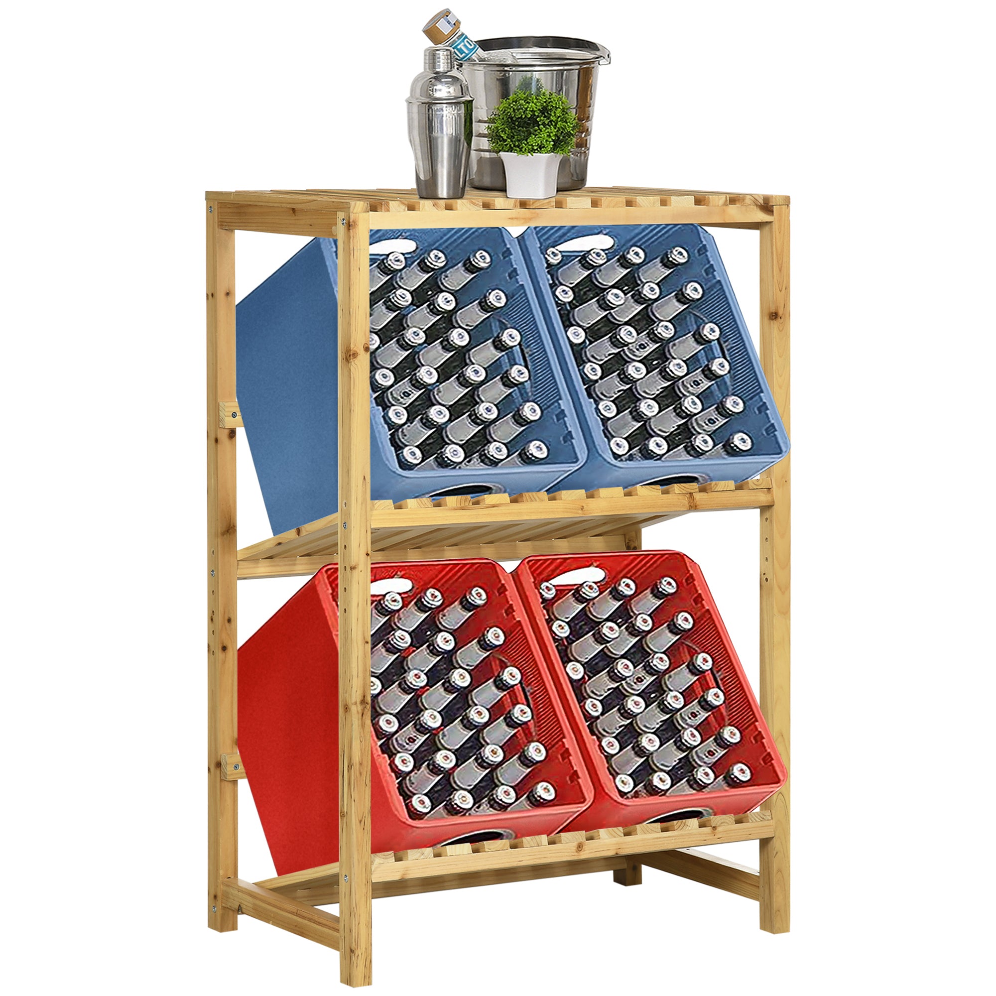 Outsunny Regal für Getränkekisten Kistenständer bis 4 Kisten Naturholz 2 Etagen 74 x 45 x 111 cm