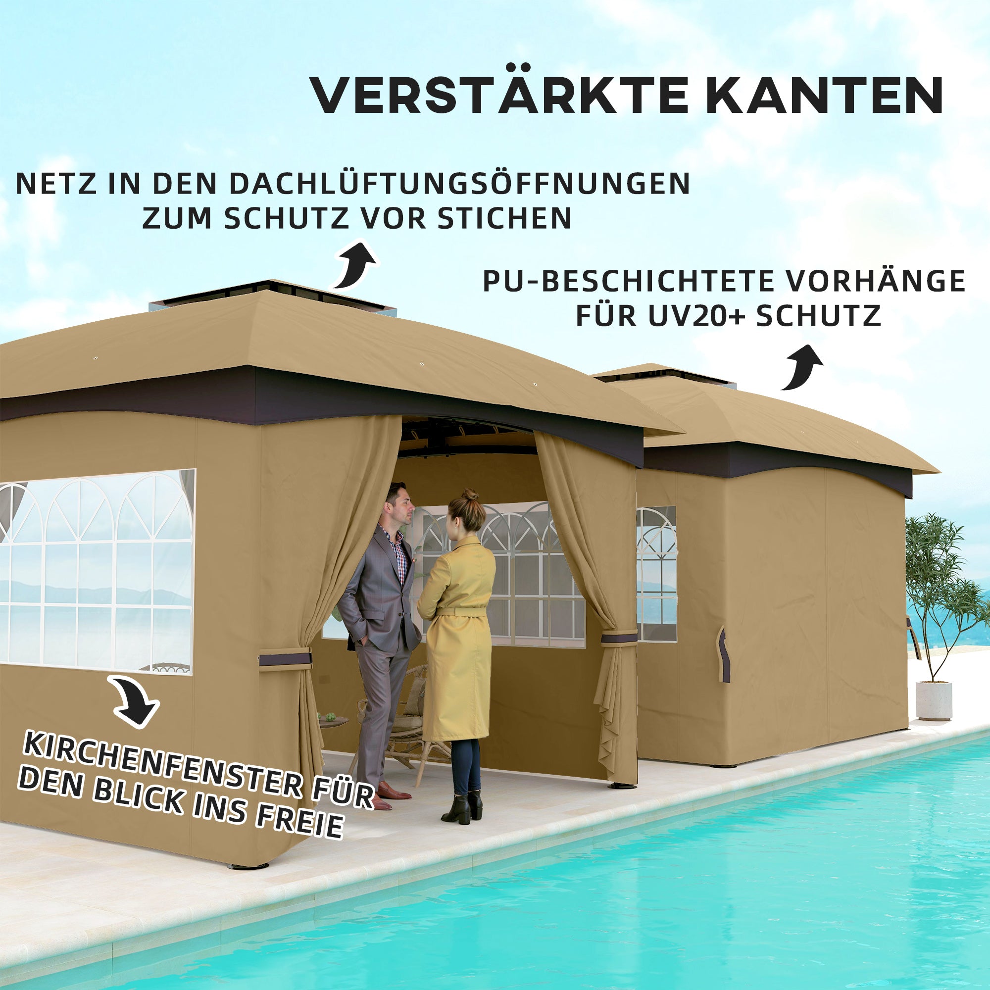 Outsunny 3,4 x 3,4 m Gartenpavillon, Bierzelt mit Lüftungsdach, Bogenfenstern, Stahlgestell, Beige