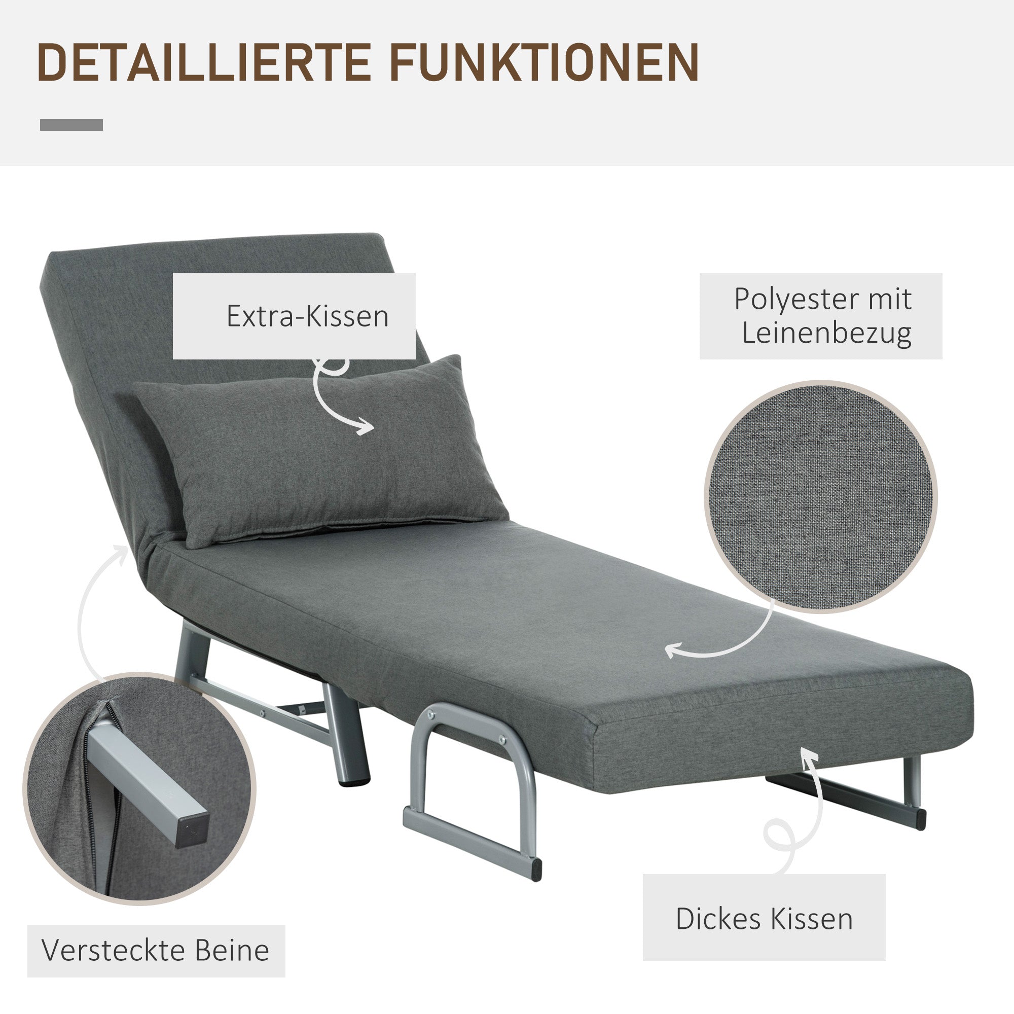 HOMCOM Schlafsessel, Polstersessel, zum Gästebett umwandelbar, ergonomisch, Dunkelgrau