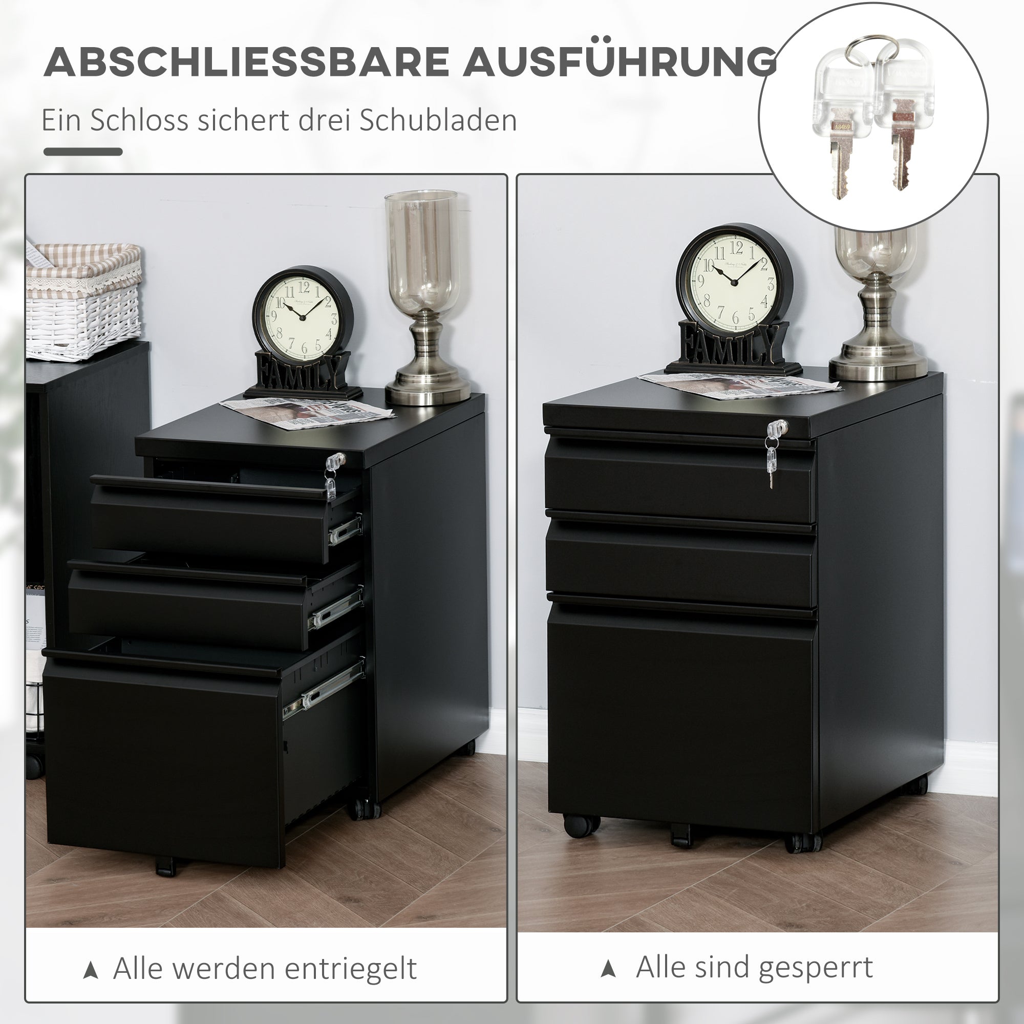Vinsetto Rollcontainer, 3 Schubladen, 5 Räder, Hängeregister, abschließbar, Stahl, schwarz 39 x 48 x 60 cm