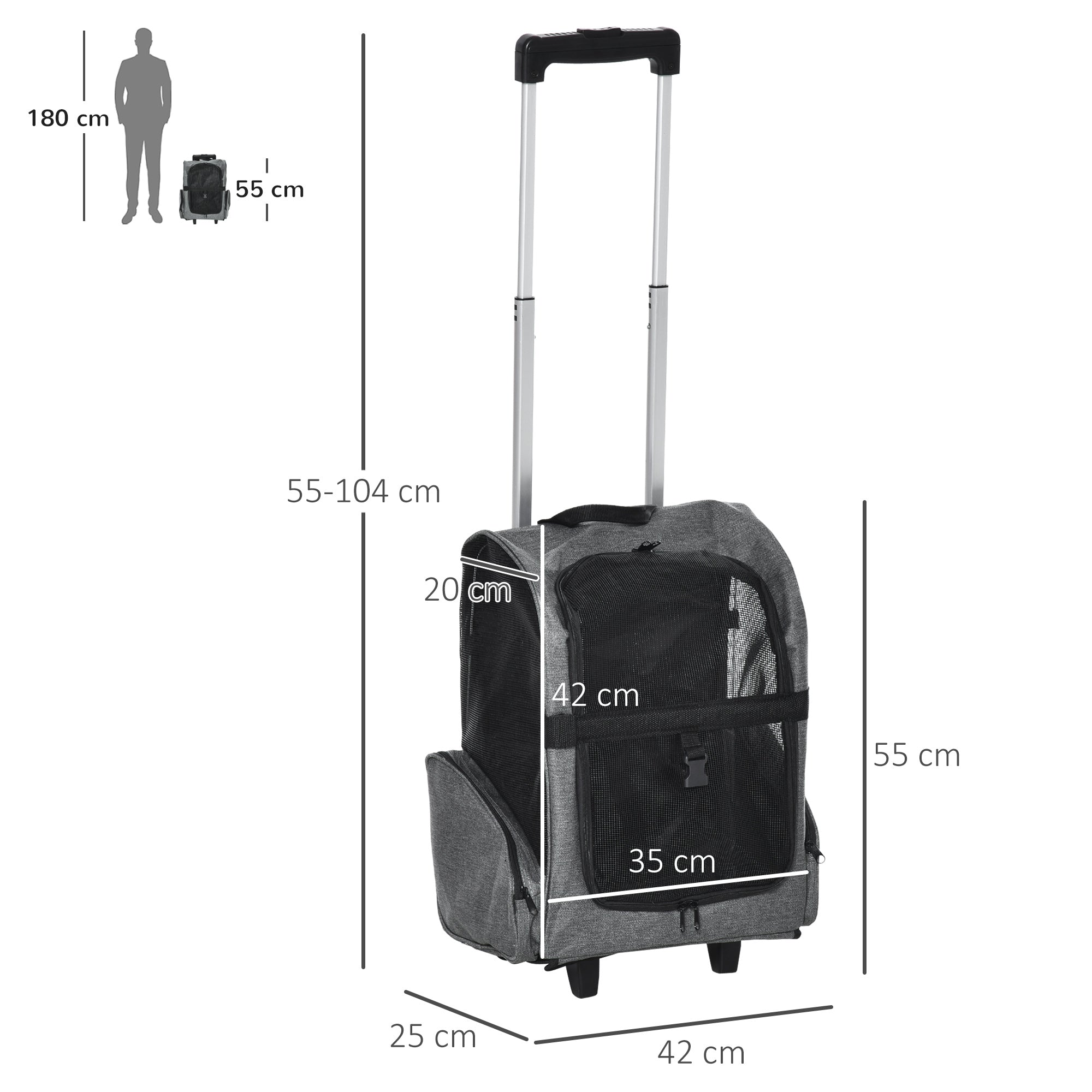 Pawhut Hundetransporttasche, Haustierrucksack, 2-in-1-Design, ausziehbarer Griff, Seitentaschen, Grau, 42 x 25 x 55cm