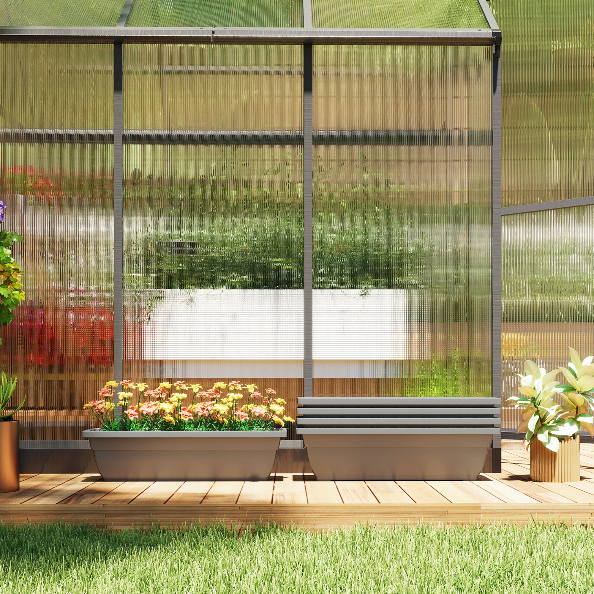 Outsunny 5er-Set Blumentöpfe, Pflanzengefäße aus Kunststoff für Terrasse, Garten, Balkon, 59 x 21 x 16 cm, Grau