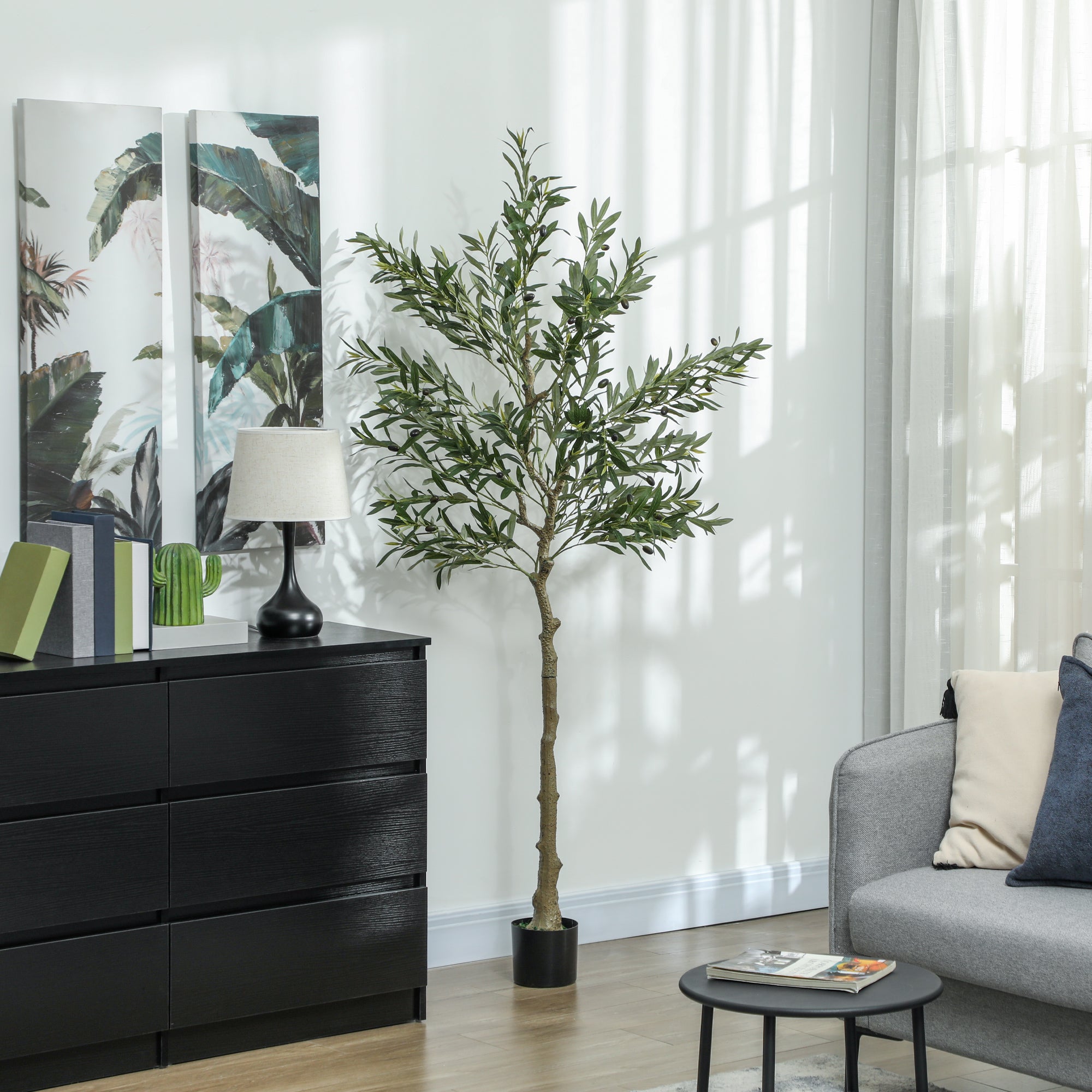 HOMCOM Kunstpflanze, Künstlicher Olivenbaum, 180 cm, 900 Blätter, 40 Oliven, stabiler Blumentopf, Dekorationspflanze, Grün