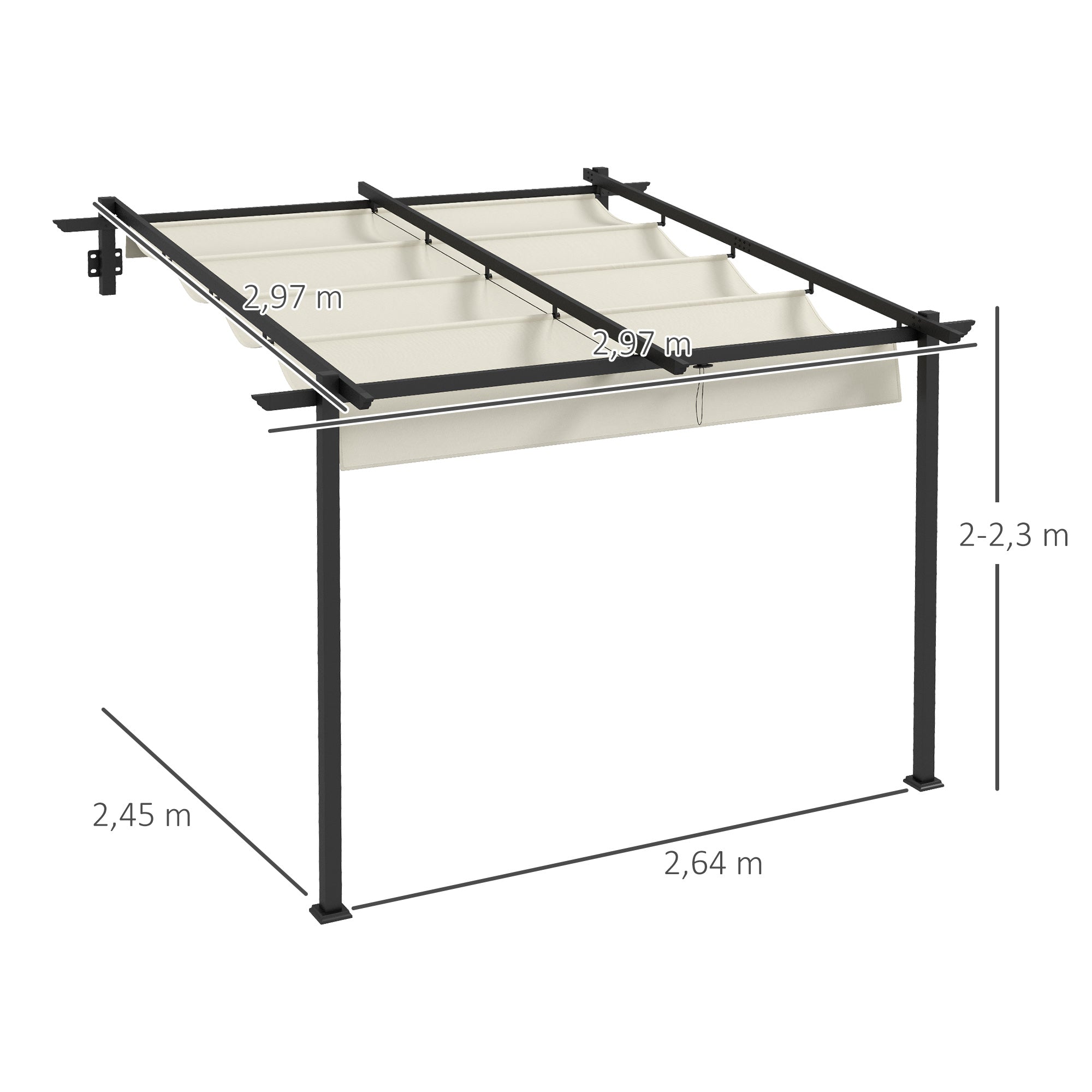 Outsunny Gartenpavillon 3 x 3m, einziehbares Dach, Wandmontage, Metallrahmen, Cremeweiß
