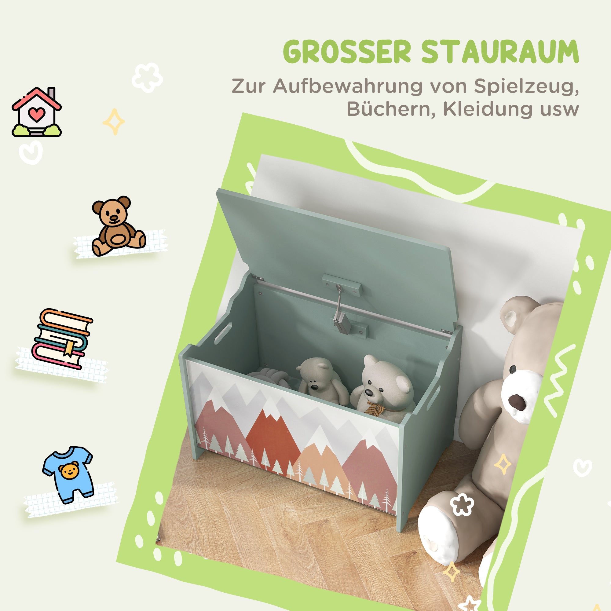ZONEKIZ Aufbewahrungskiste, Spielzeugtruhe, Klappdeckel, niedliches Motiv, Grün