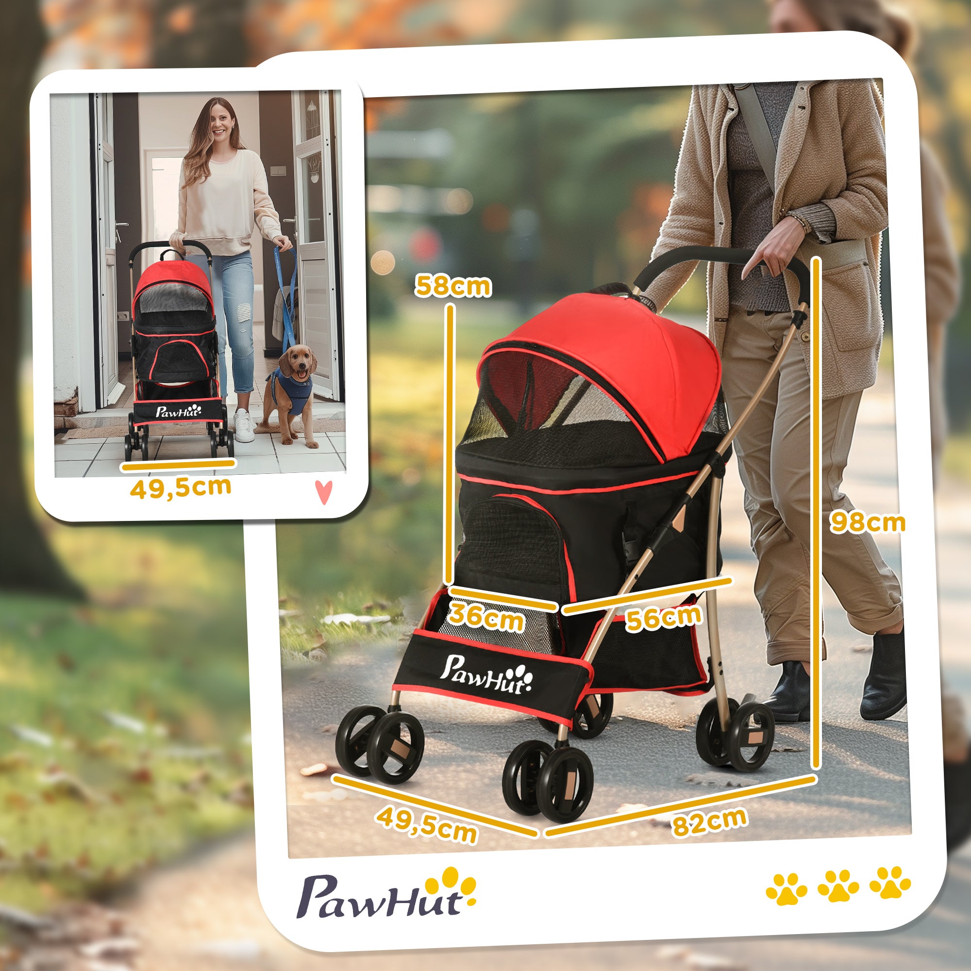 PawHut 2-in-1 Hundebuggy Tragtasche Autositz bis 10kg klappbar Bodenkorb 82 cm x 49,5 cm x 98 cm Rot