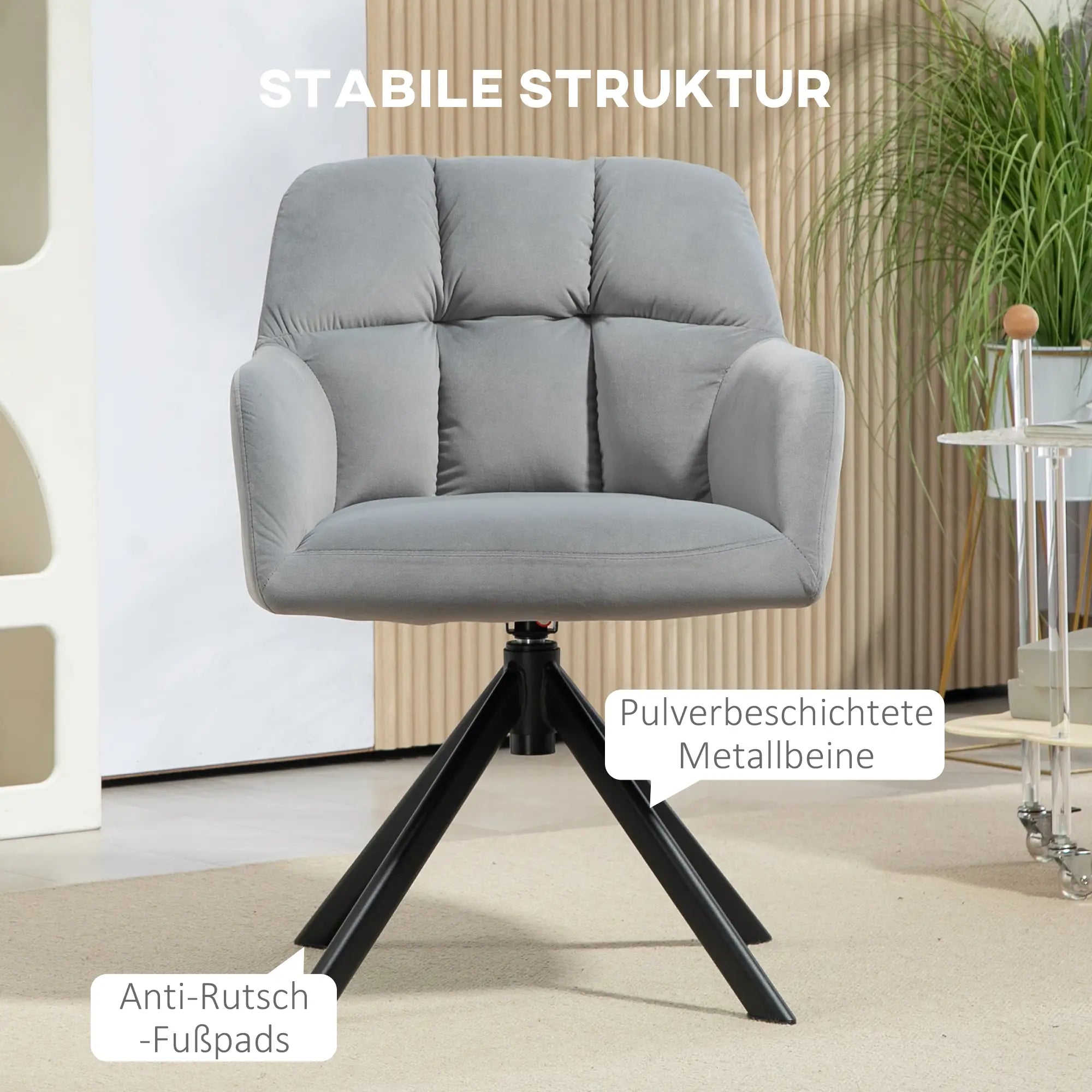HOMCOM Drehbarer Armstuhl, Moderner Akzentsessel mit Metallbeinen für Wohnzimmer, Schlafzimmer, Büro, Grau