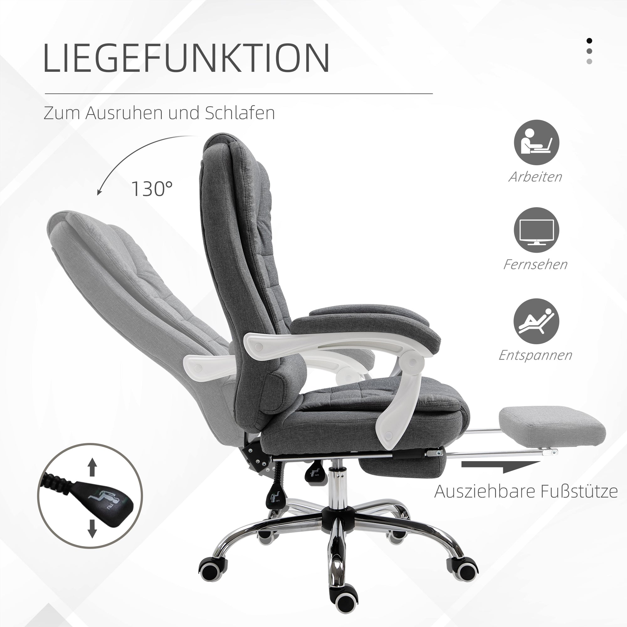 Vinsetto Bürostuhl mit ausklappbarer Fußstütze, Chefsessel, verstellbare Rückenlehne, Leinenoptik, Grau