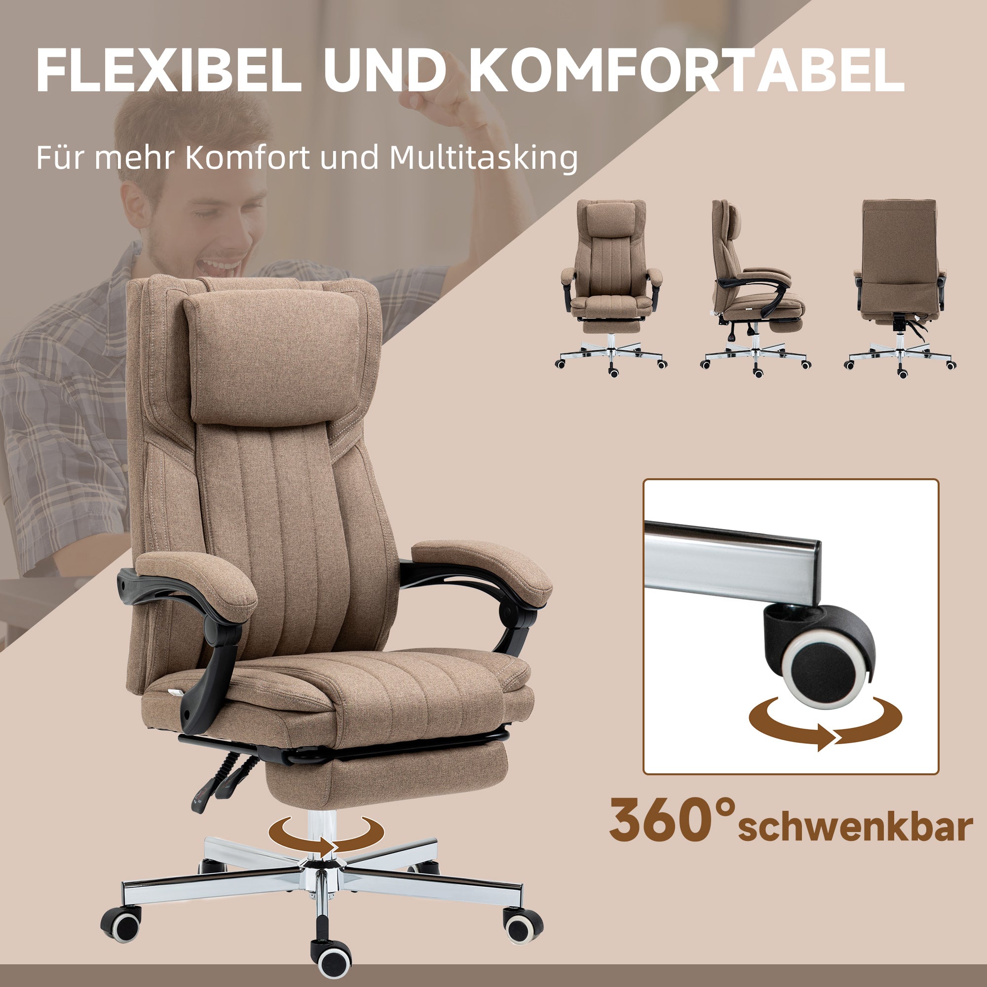 Vinsetto Bürostuhl mit Massagefunktion, neigbare Rücklehne, ausziehbare Fußstütze, Leinenoptik, 65 x 61 x 113 cm, Braun
