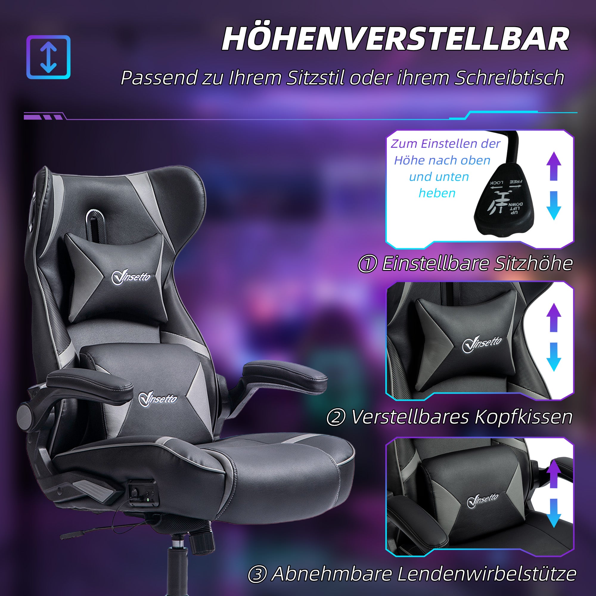 Vinsetto Gaming Stuhl mit Schaukelfunktion und Lautsprecher, Lenden- und Nackenstütze, für Spielzimmer, Kunstleder, Grau+Schwarz