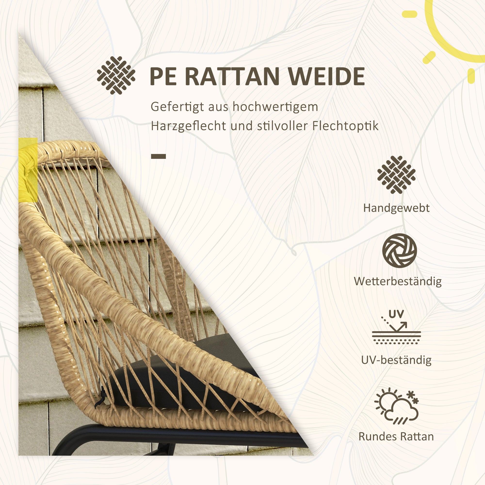 Outsunny Rattan Terrassengarnitur, Gartenmöbel-Set, 2 Sessel & Tisch, Gelb