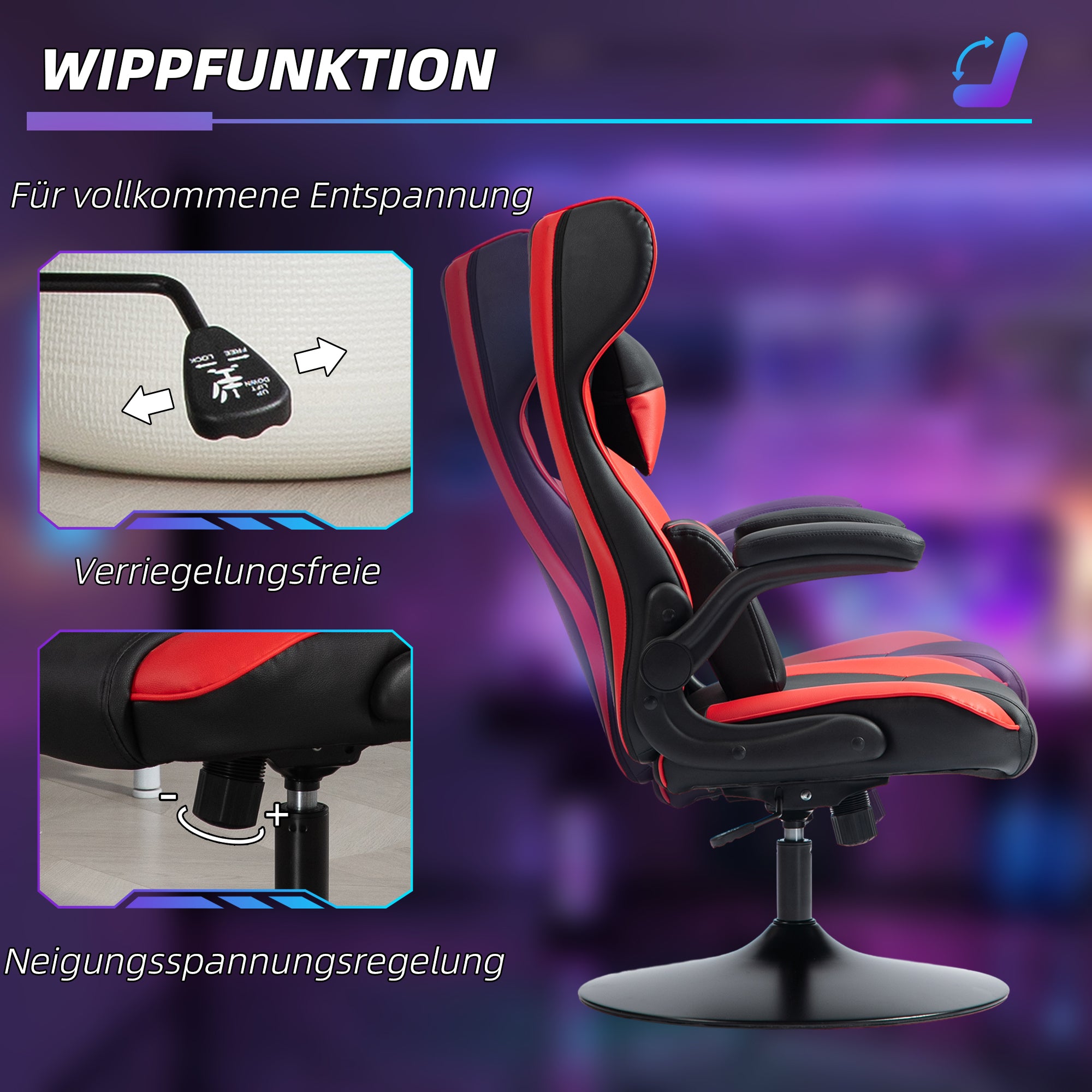 Vinsetto Gaming-Stuhl mit Schaukelfunktion, Drehstuhl, höhenverstellbar, gepolsterter Sitz, Metall, 67 x 71 x 112 cm, Rot