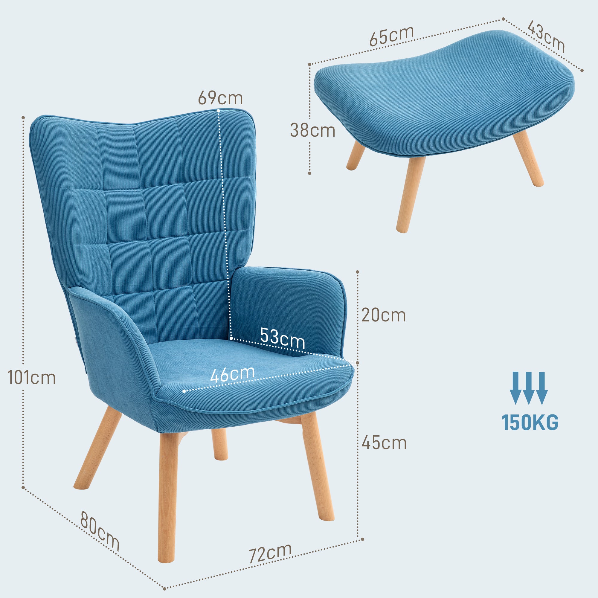 HOMCOM Akzentsessel mit Hocker, Relaxsessel in Cord-Optik, Armlehnstuhl mit Holzbeinen, für Wohnzimmer, Blau