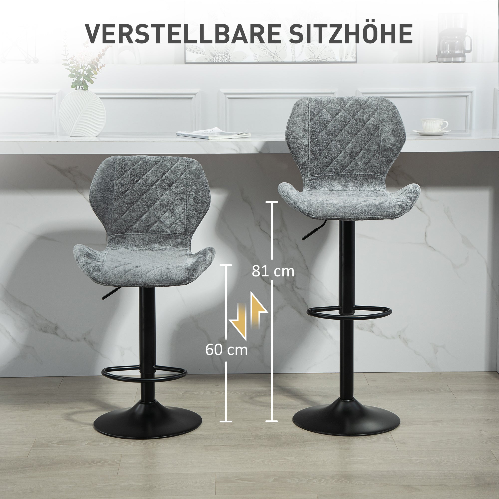 HOMCOM Barstühle im 2er-Set, Höhenverstellbare Küchenhocker mit Rückenlehne, Gaslift, Fußstütze, drehbar, Grau