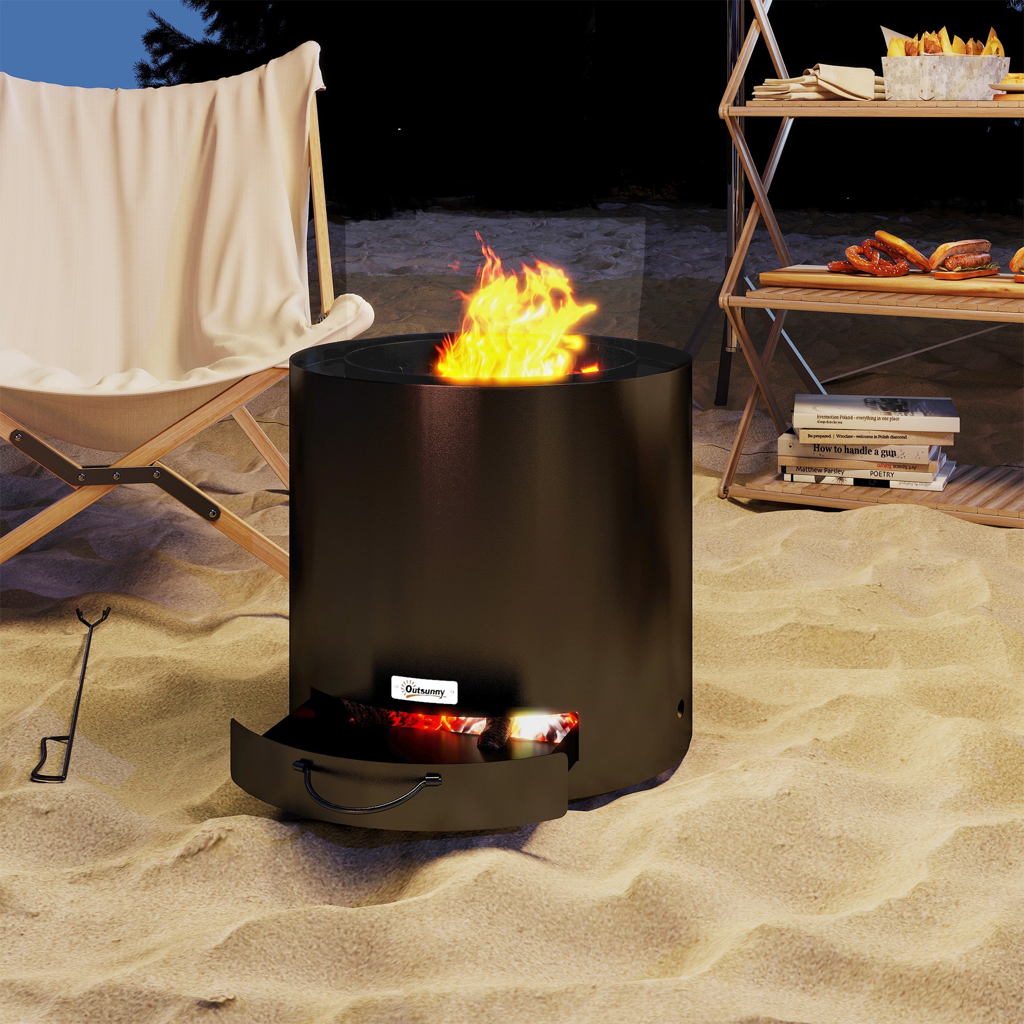 Outsunny Feuerschale Ø45x42cm aus Edelstahl Feuerstelle mit Schürhaken Aschenwanne Schwarz
