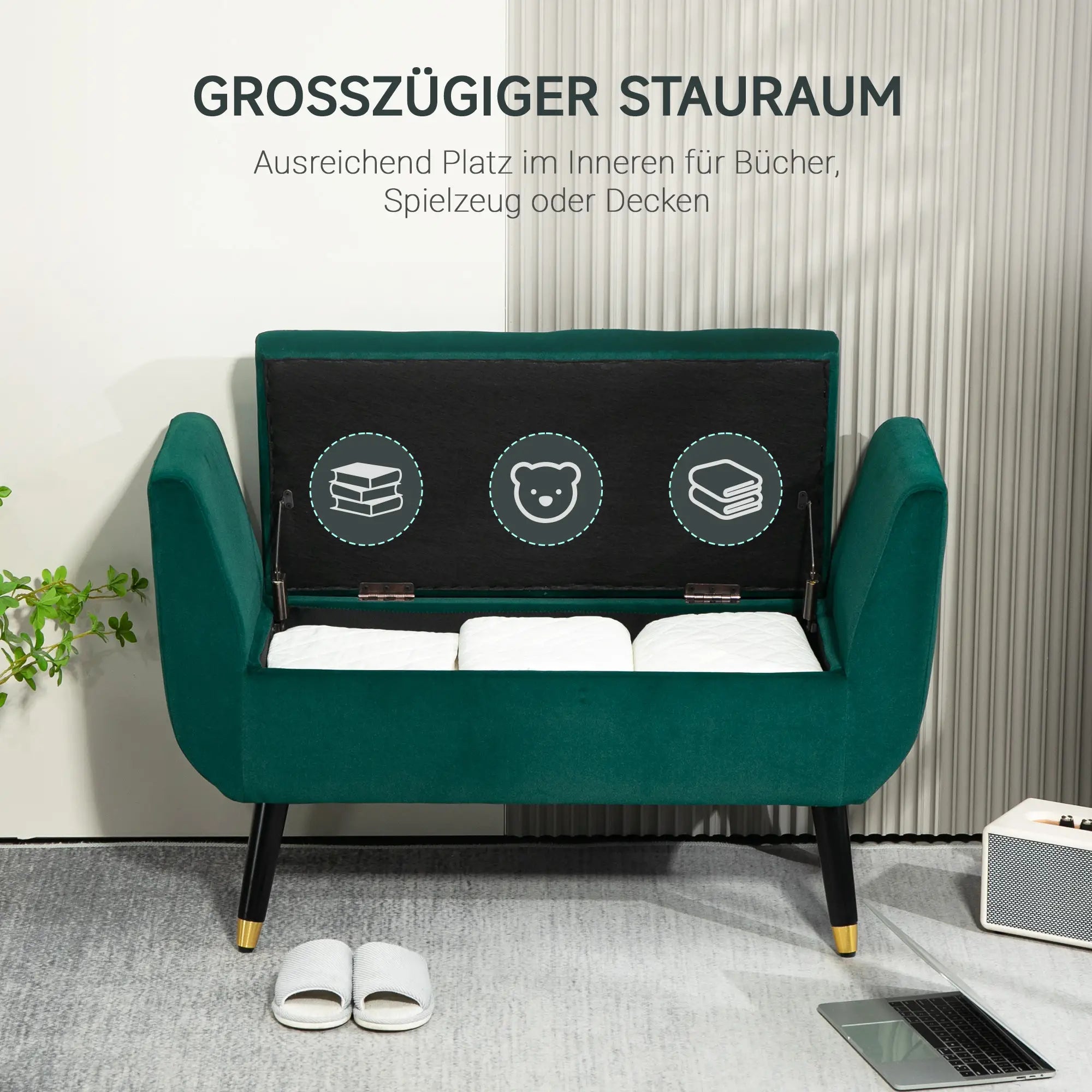 HOMCOM Polsterbank mit Stauraum, Armlehnen, Samtartiges Polyester, Kautschukholz, 107 x 42 x 65 cm, Grün