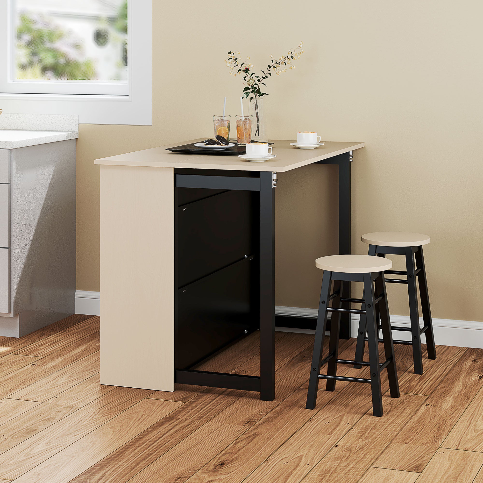 HOMCOM 3-tlg. Barset, Bartisch mit klappbarer Tischplatte, 2 Barhocker, 6 Staufächer, schwarz+Eiche, 116 x 70 x 89,5 cm