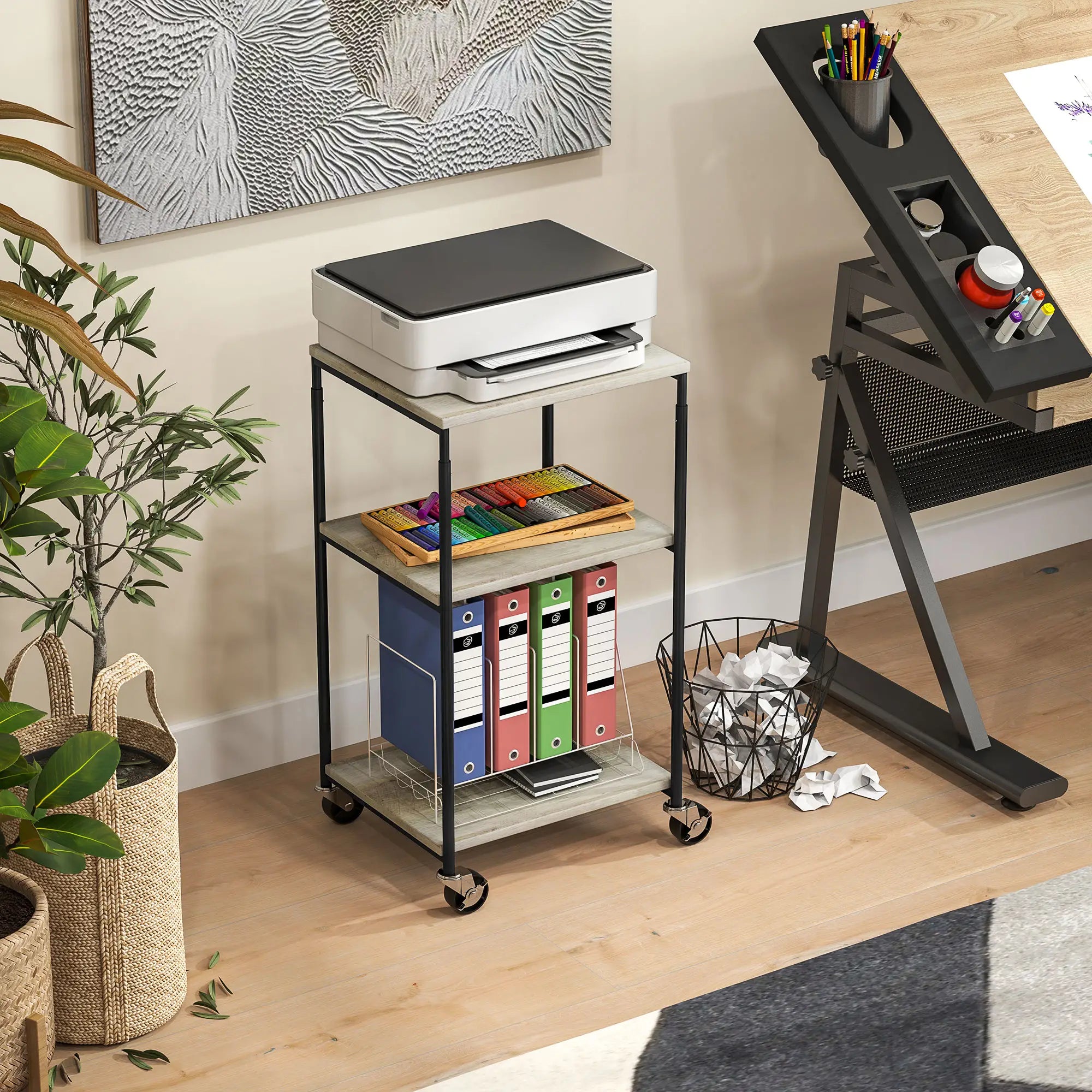 HOMCOM Druckerständer mit 3 Ebenen, höhenverstellbar, Mobiler Druckertisch auf Rollen, für Homeoffice, Metall und Holz
