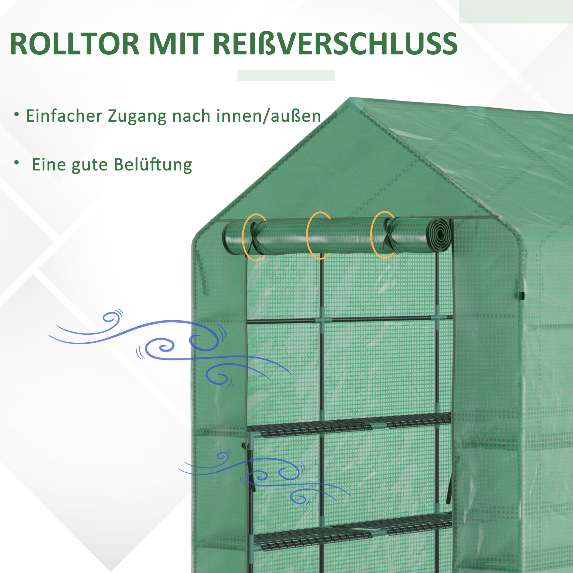 Outsunny Foliengewächshaus begehbares Gewächshaus mit 8 Regalebenen Tomatengewächshaus Treibhaus Frühbeet mit Tür Grün Stahl PE-Kunststoff 214 x 143 x 195 cm