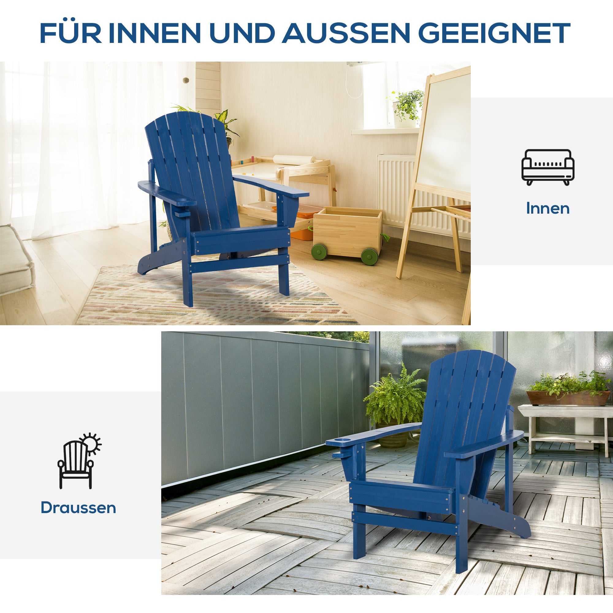 Outsunny Andirondack-Gartenstuhl Gartenstuhl Liegestuhl, verstellbare Rückenlehne, 72B x 94T x 93H cm, Blau