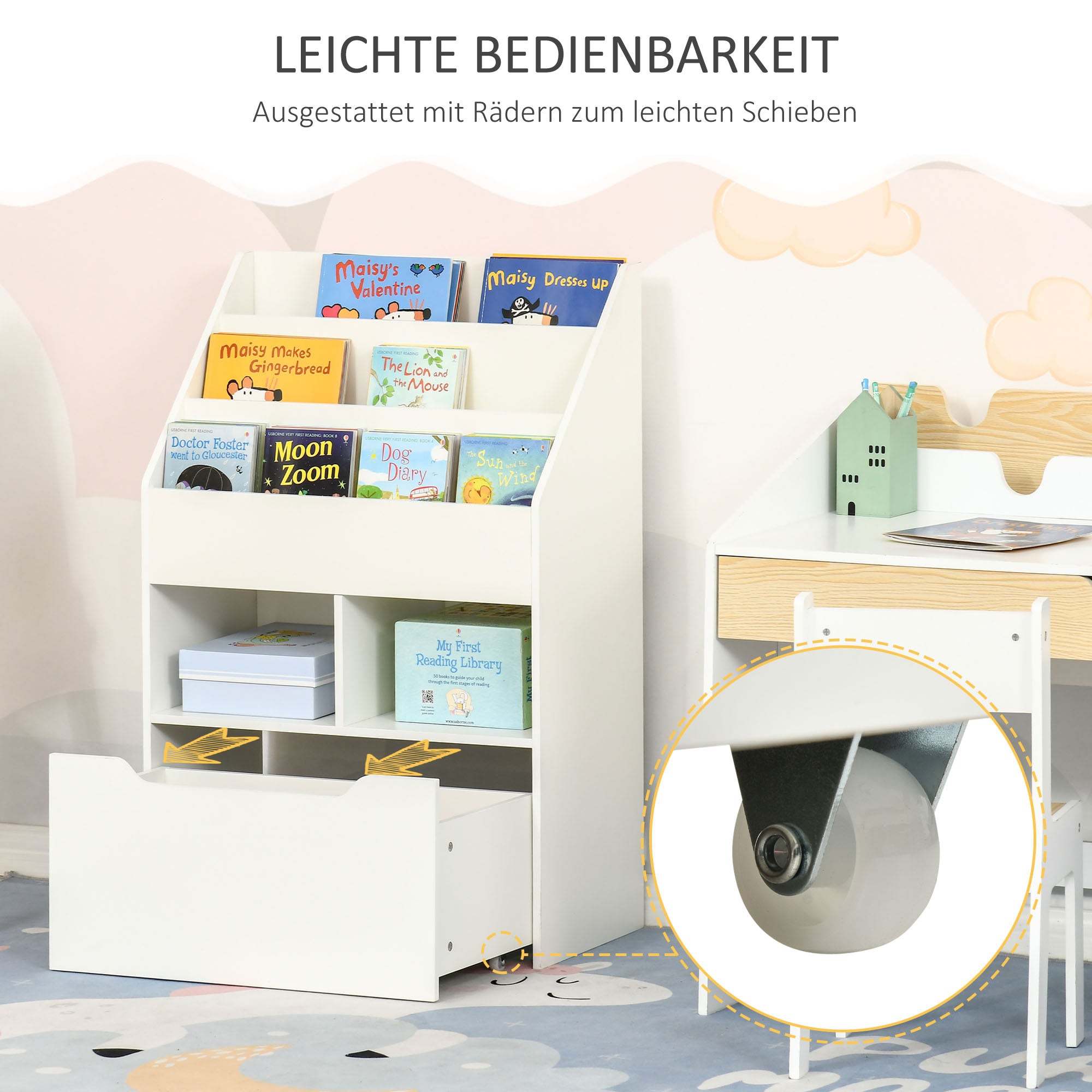 HOMCOM Kinderregal mit Schublade, Bücherregal mit Fächern, 60 x 29,9 x 90 cm, Weiß