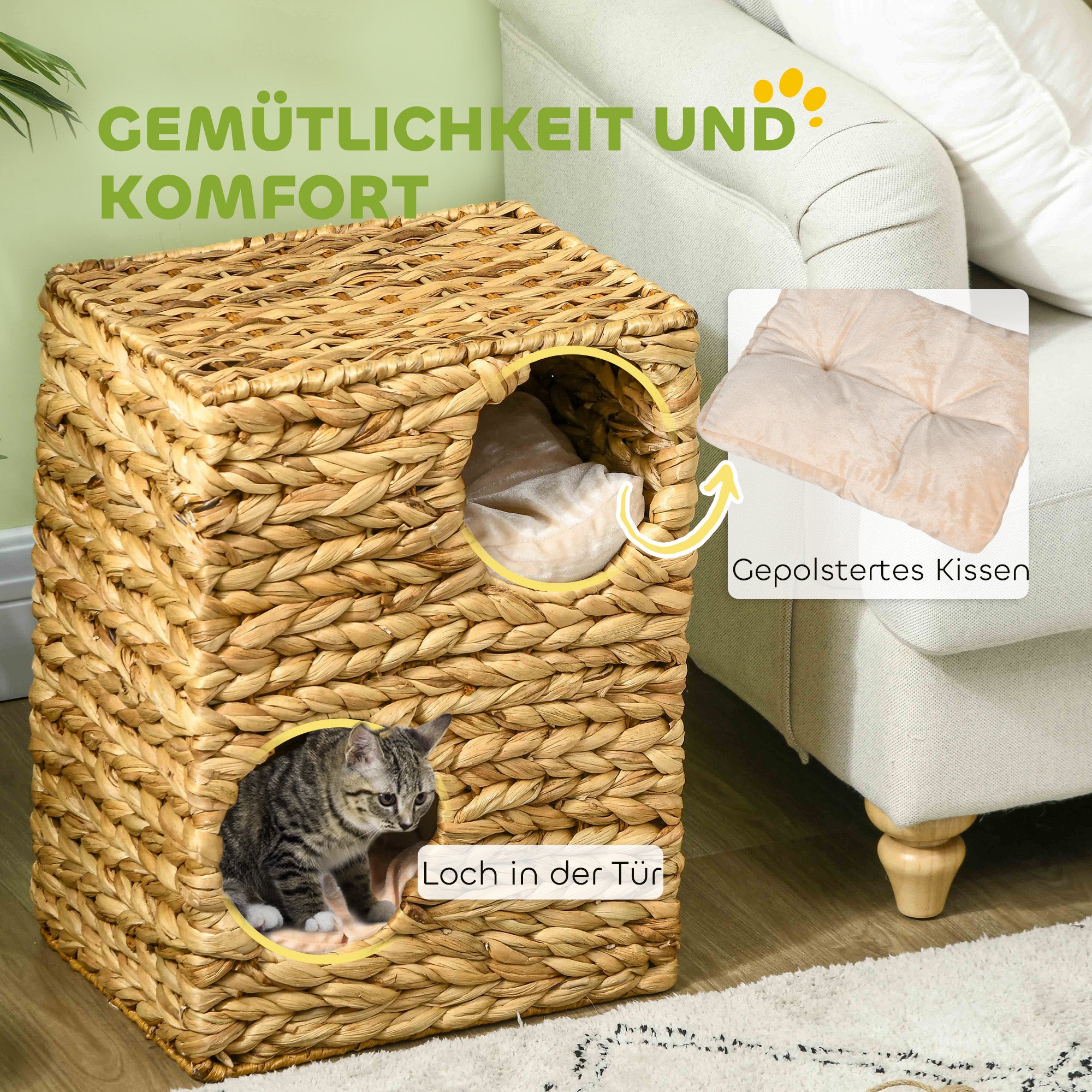 PawHut 2-stöckiges Katzenhaus mit 2 Schlafhöhlen, waschbare Kissen, Wasserhyazinthe, 40x31x55 cm, Hellbraun