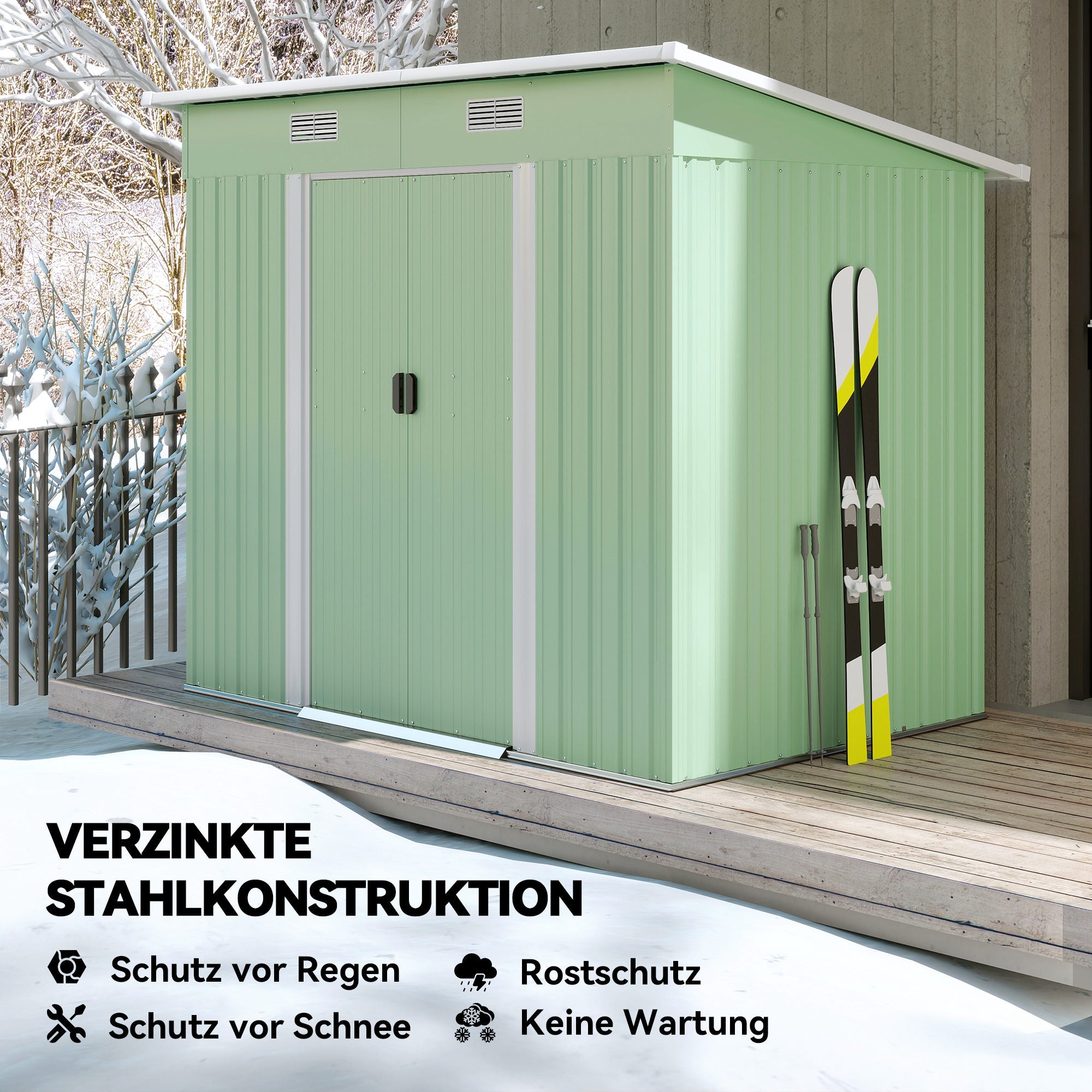 Outsunny Gerätehaus Metall 2,3 m² 207 x 130 x 182 cm Geräteschuppen mit Pultdach Fenster Bodenrahmen Grün