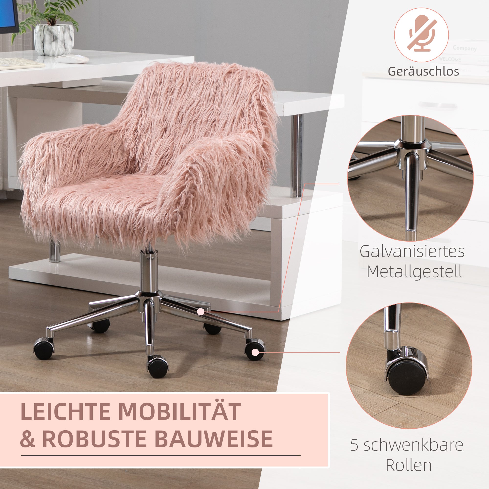 Vinsetto Chefsessel Drehstuhl Computerstuhl Schminkstuhl mit Kunstfell Sitzhöhenverstellung für Mädchen Kunstpelz Schaumstoff Rosa+Silber 57 x 60 x 75-85 cm