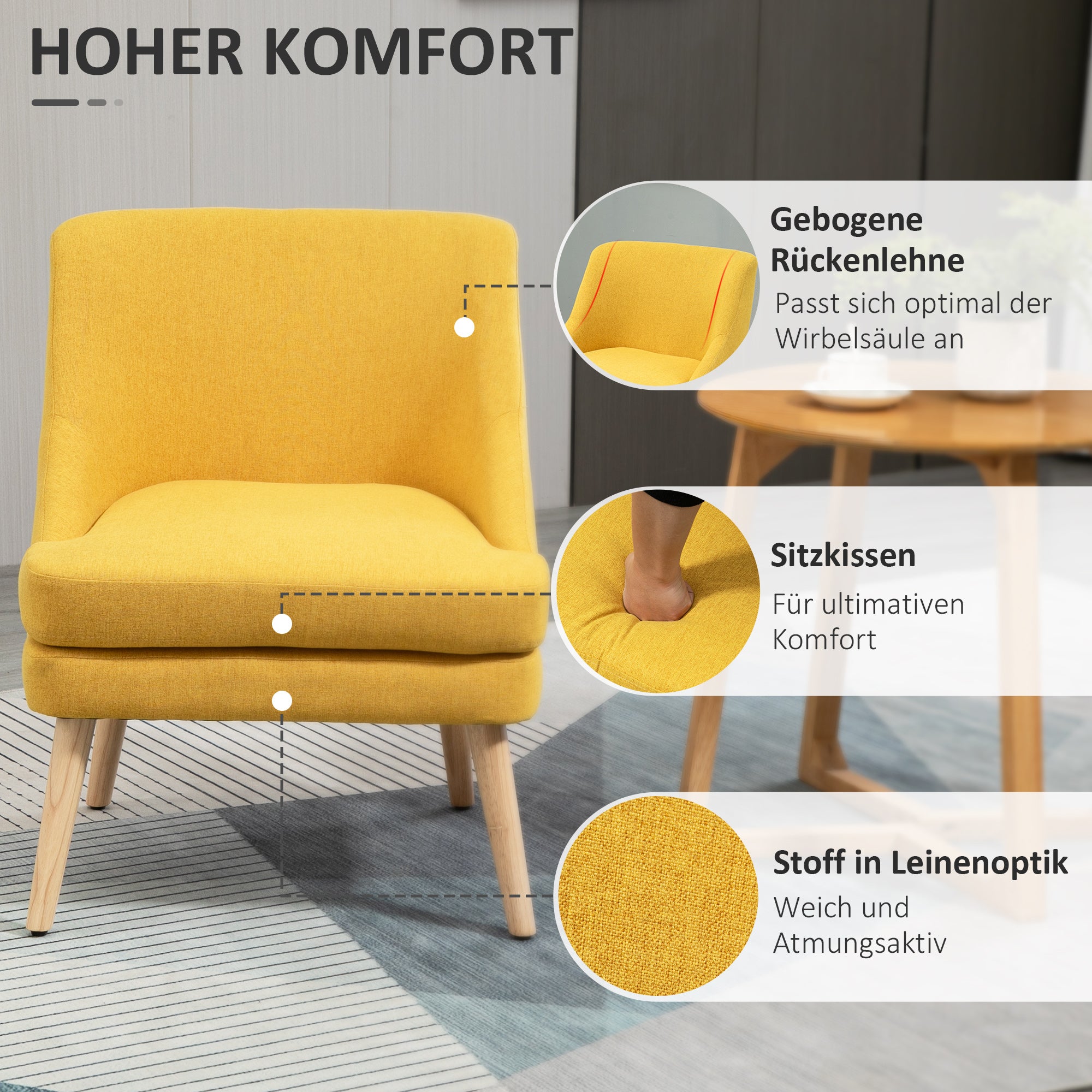 HOMCOM Sessel Loungesessel mit Leinenoptik, Armlehne, Gepolstert Relaxsessel mit Holzbeine, für Wohnzimmer, Schlafzimmer, Gelb