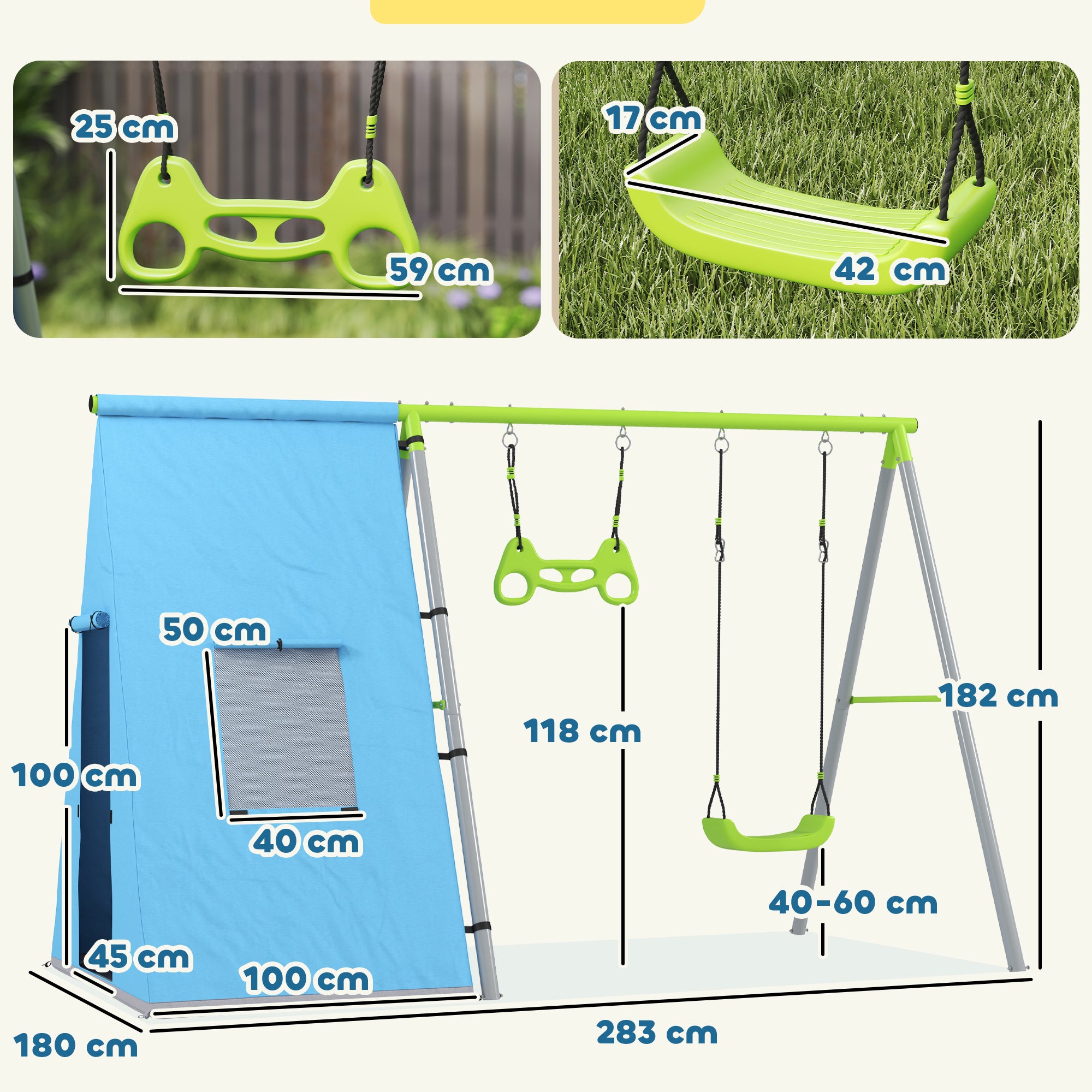 AIYAPLAY 3-in-1 Schaukelset, Spielzelt, Schaukel, Turnringe, Metall, Kunststoff, Grün