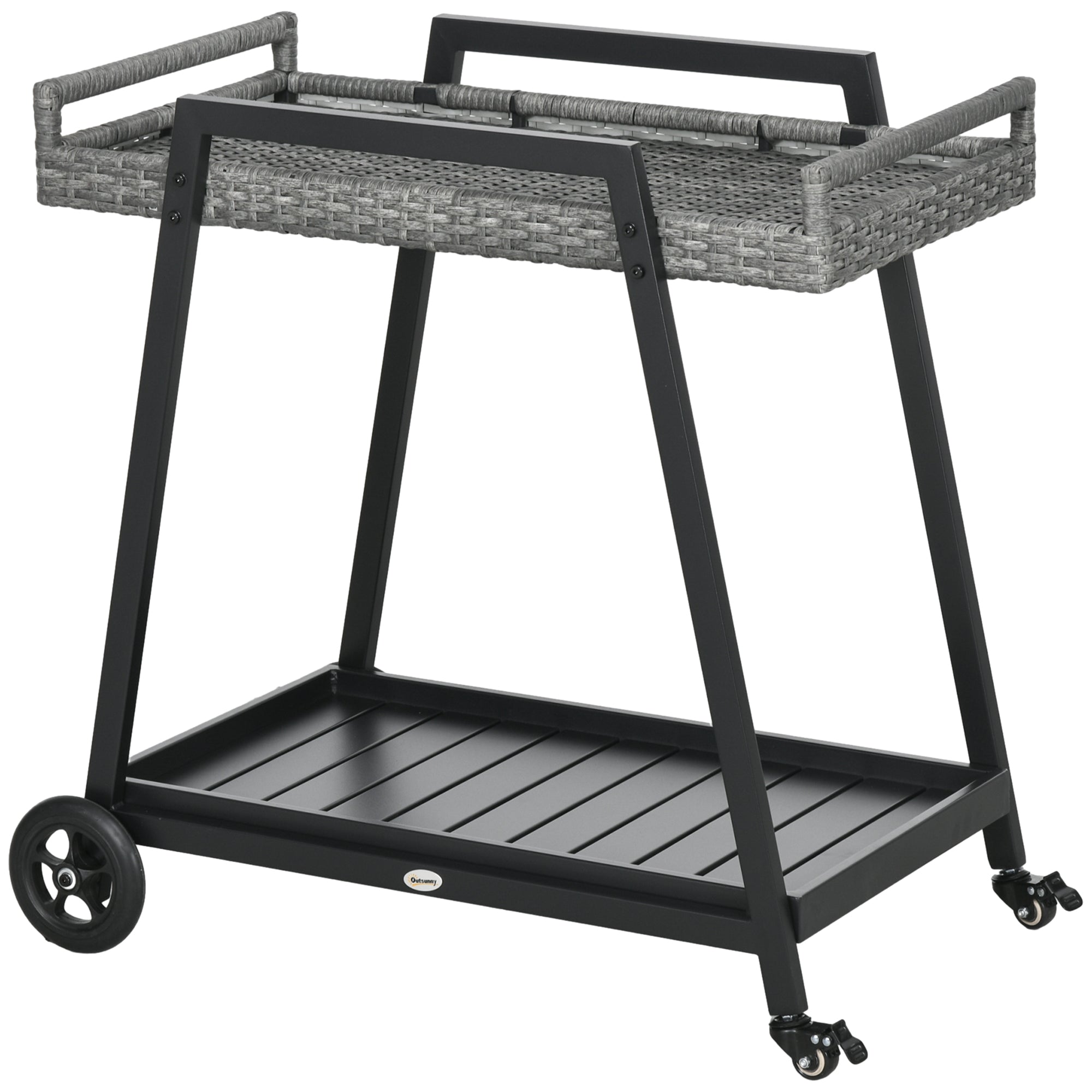 Outsunny Servierwagen Rattan mit Rollen 2 Etagen Griffe
