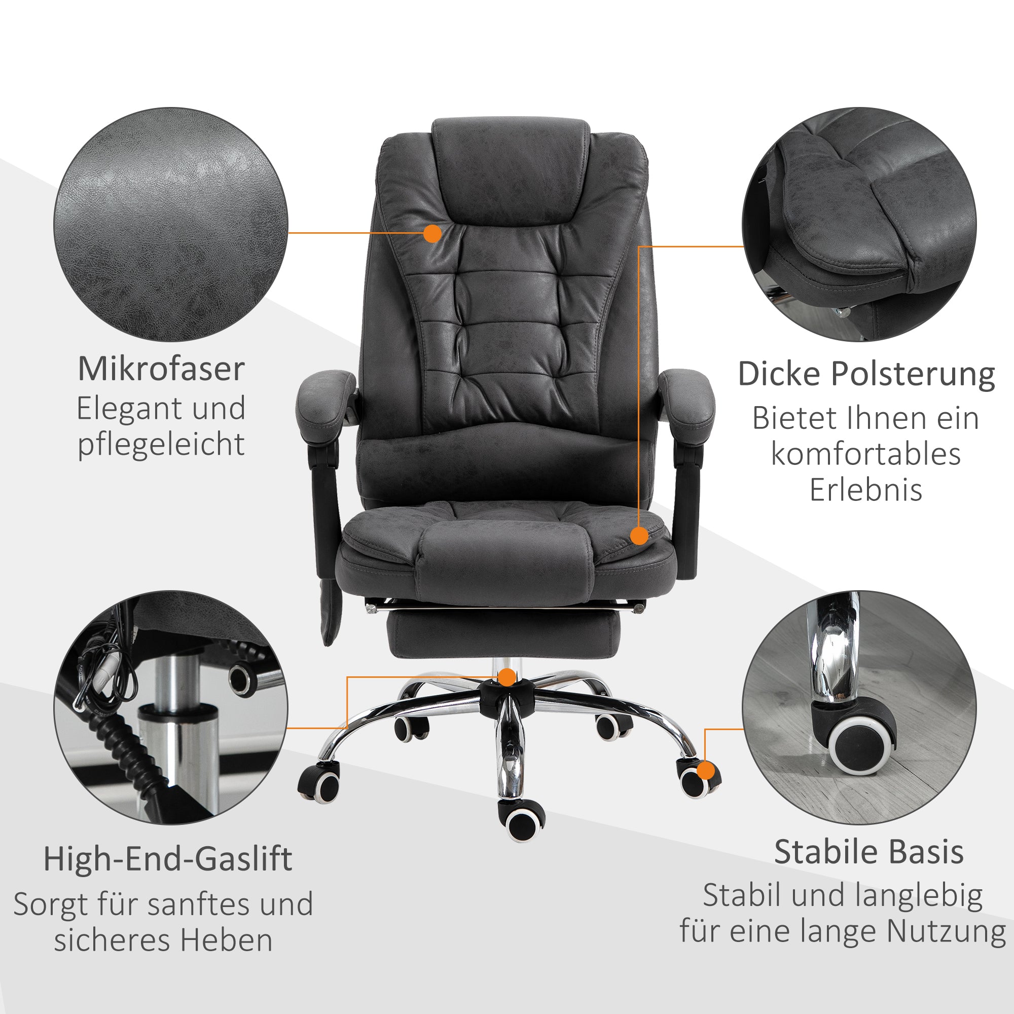 Vinsetto Bürostuhl mit Massagefunktion, ergonomisch, 65x160x104cm, Grau