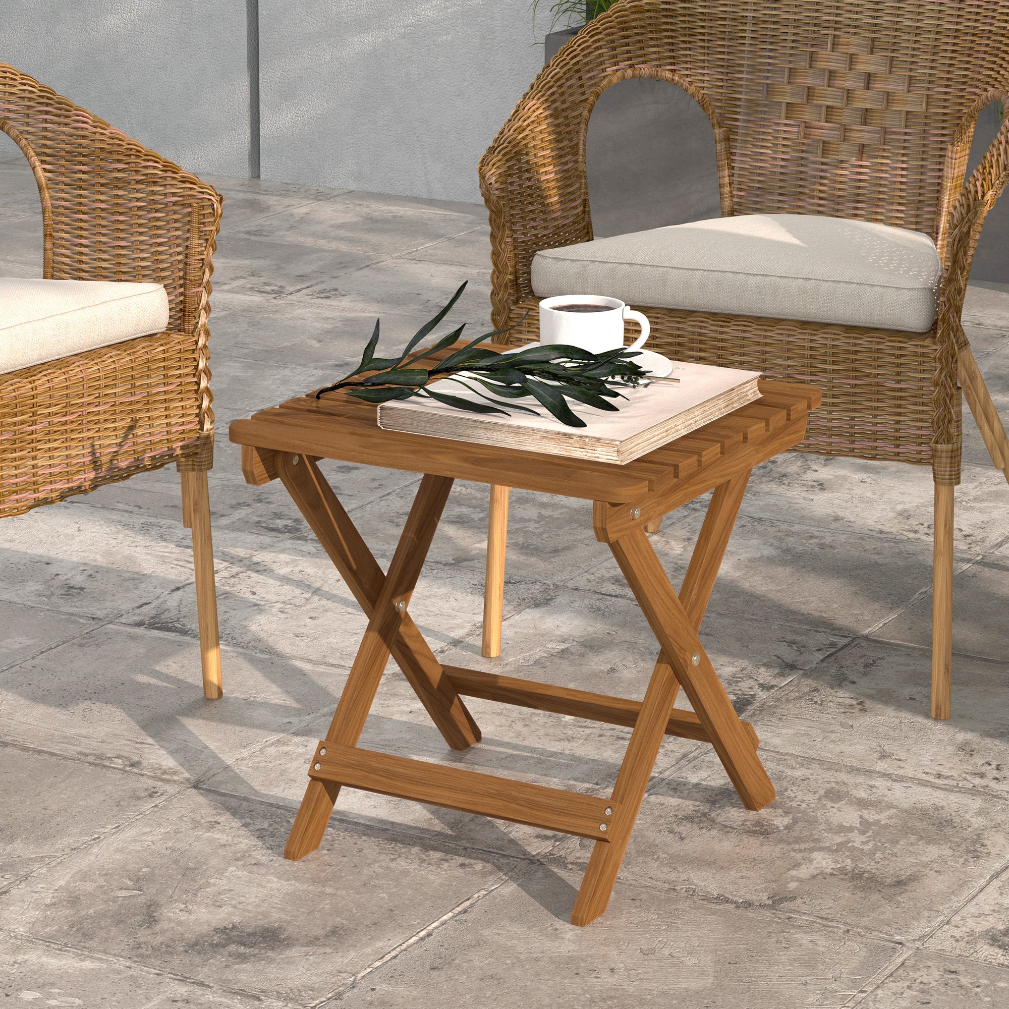 Outsunny Terrassentisch-Set, 2 Klapptische aus Akazienholz, 45x45x45cm, Teak