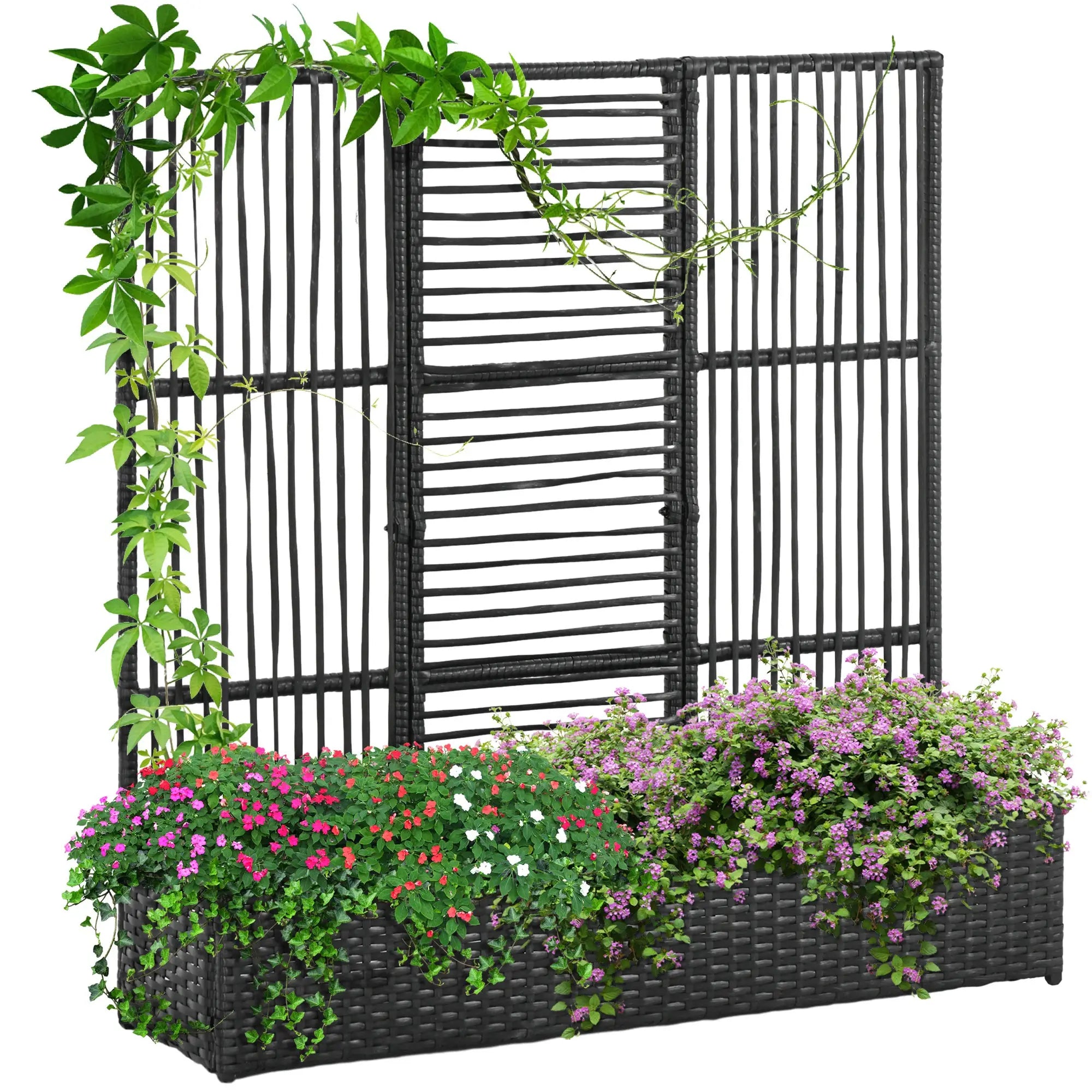 Outsunny Blumenkasten mit Spalier, wetterfest, Polyrattan, 103 x 103 x 29 cm, Schwarz