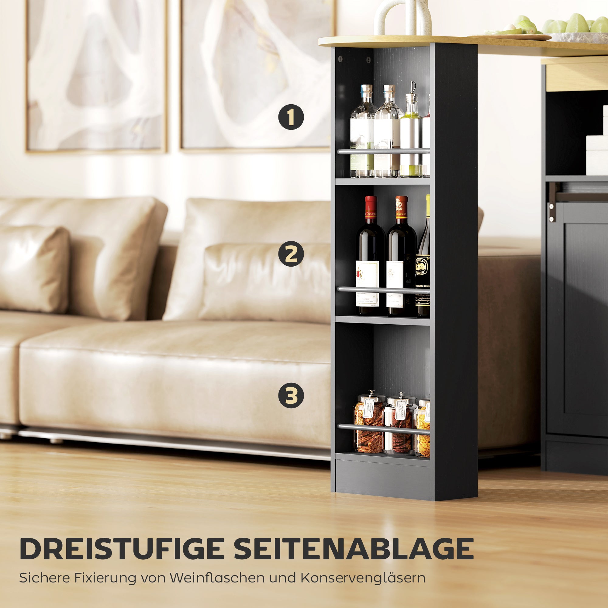 HOMCOM Ausziehbarer Bartisch, zu L-Form umwandelbar, viel Stauraum, 3 verstellbare Regale, Spanplatte, MDF, Schwarz