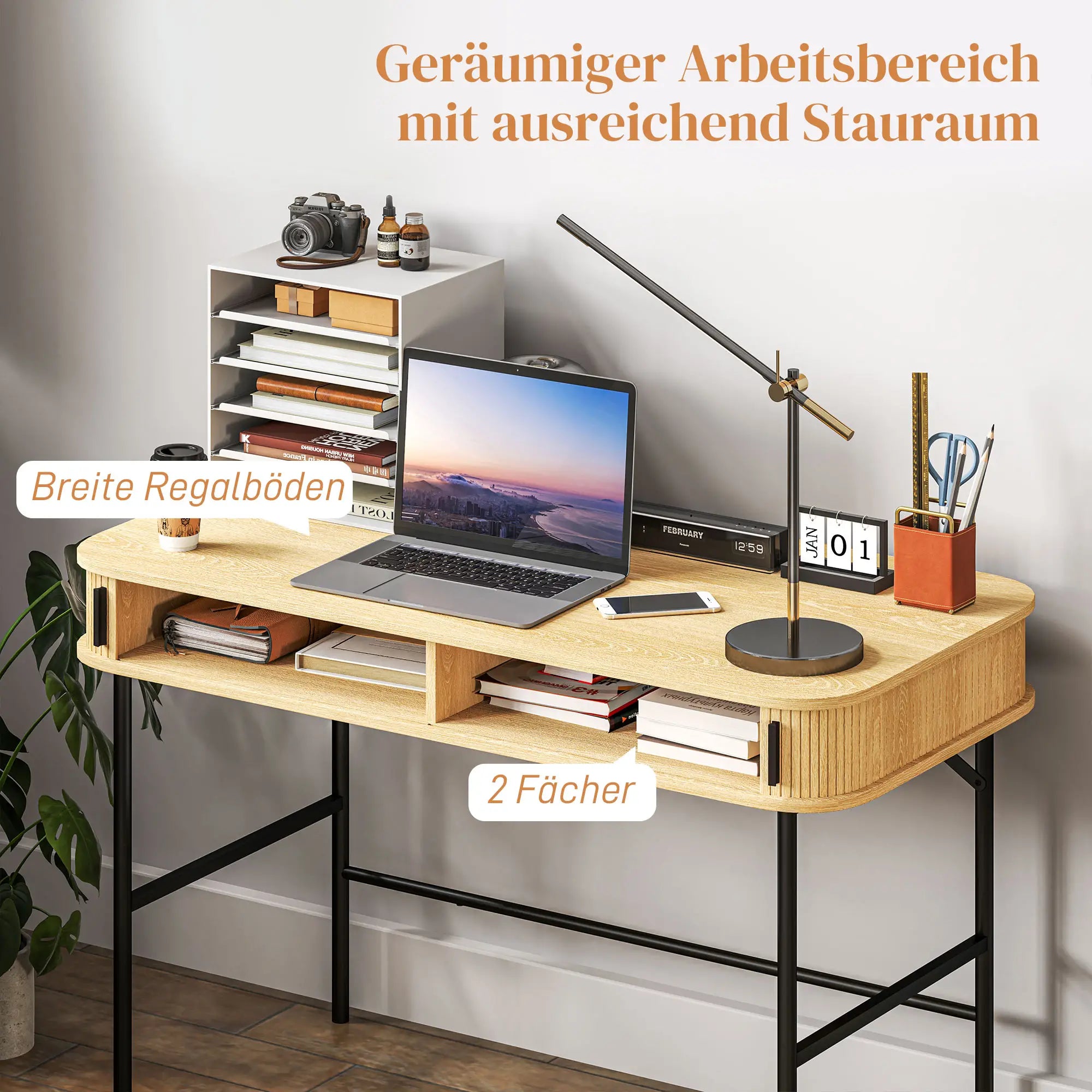 HOMCOM Schreibtisch mit Stauraum Lamellendekor Eiche