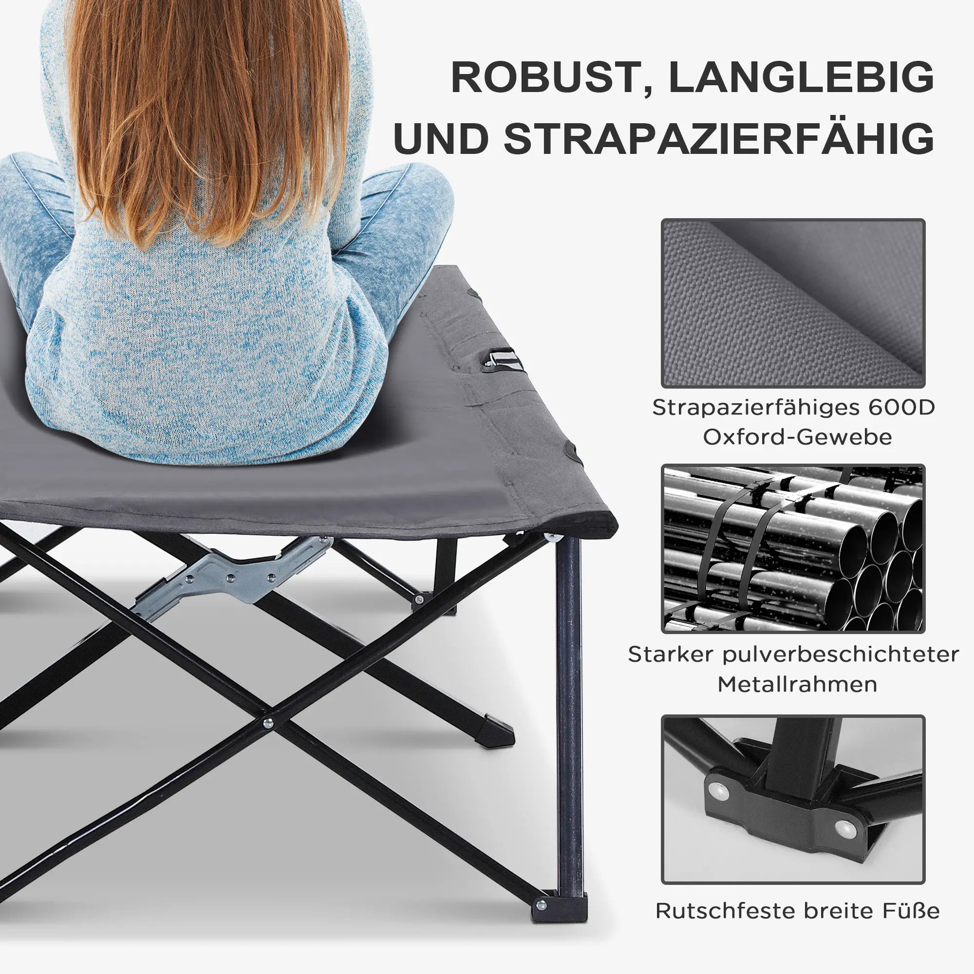 Outsunny Campingliege, Campingbett für bis zu 2 Personen, 193L x 125B x 40H cm, Grau