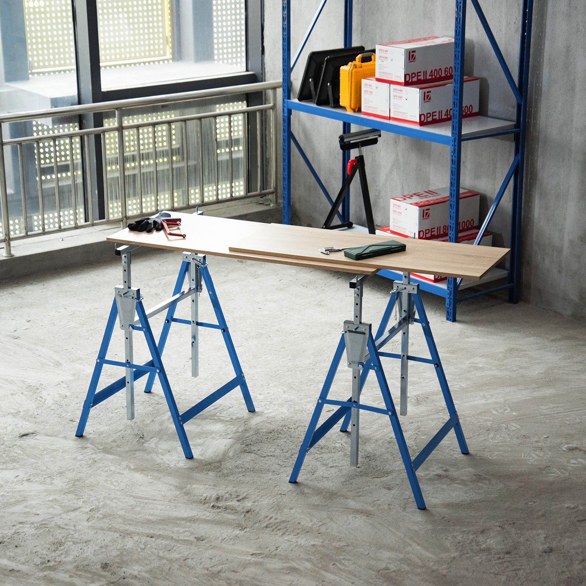 HOMCOM 2 x Gerüstbock Unterstellbock Klappbock höhenverstellbar bis 200kg Stahl Blau 68 x 58 x 80-130 cm