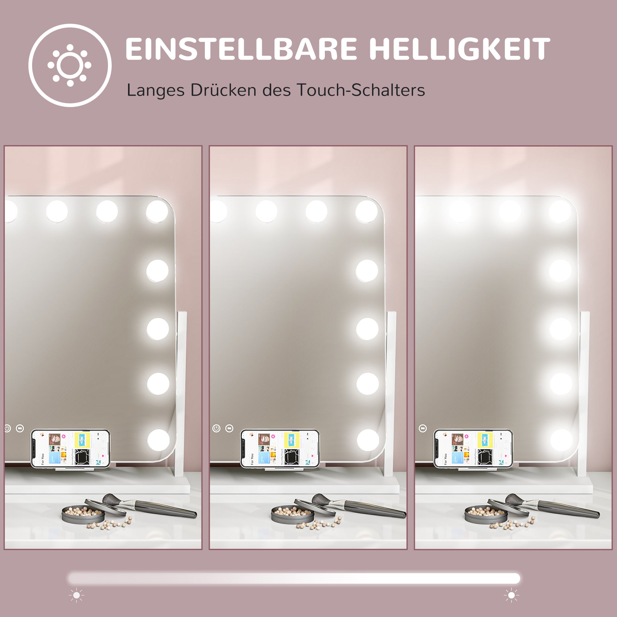 HOMCOM LED-Kosmetikspiegel, 3 Lichtmodi, dimmbar, Touchsteuerung, USB, 62,5 x 49,5cm, Weiß