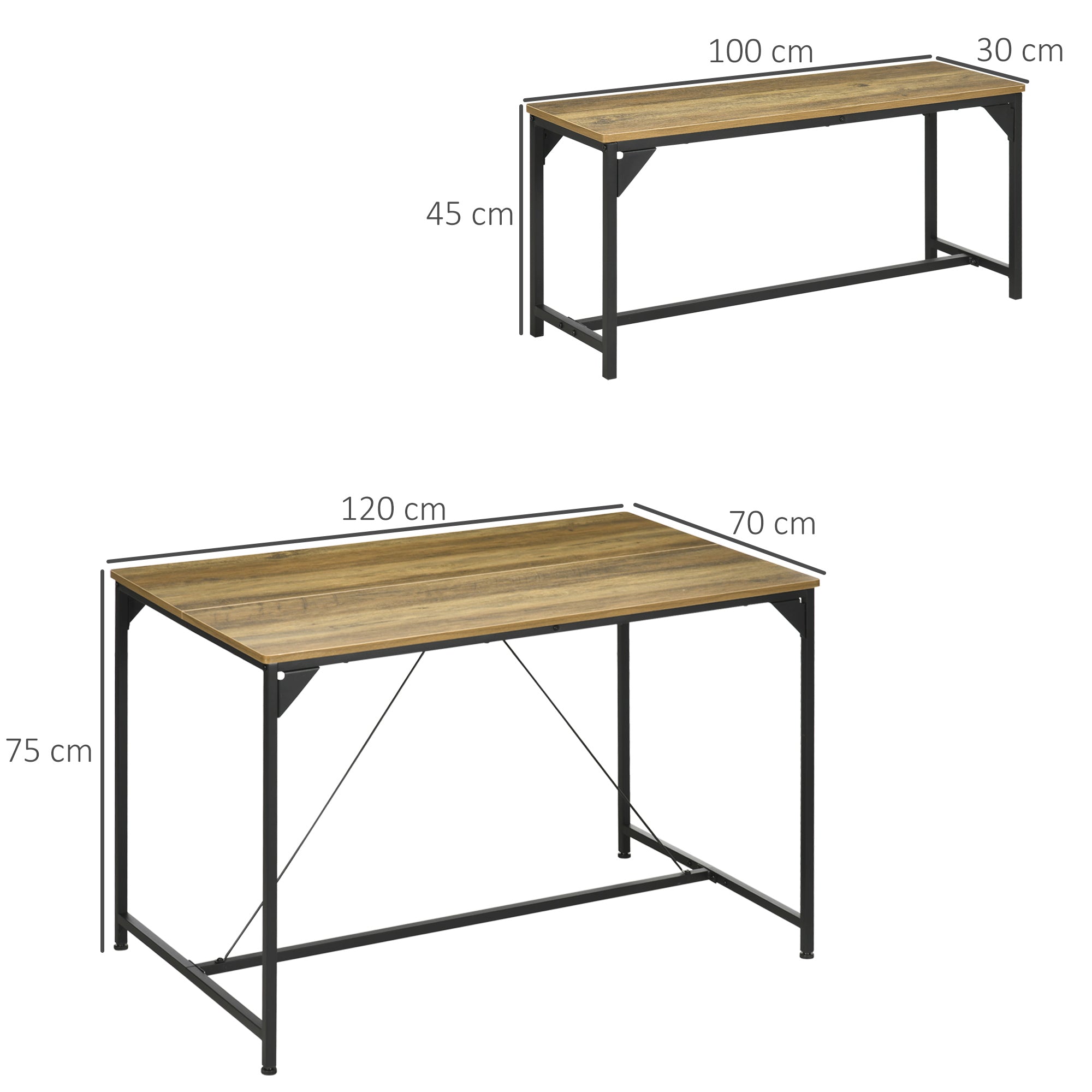 HOMCOM Essgruppe 4 Personen Esstisch mit 2 Bänken, Industriedesign, 120 cm x 70 cm x 75 cm, Schwarz + Natur