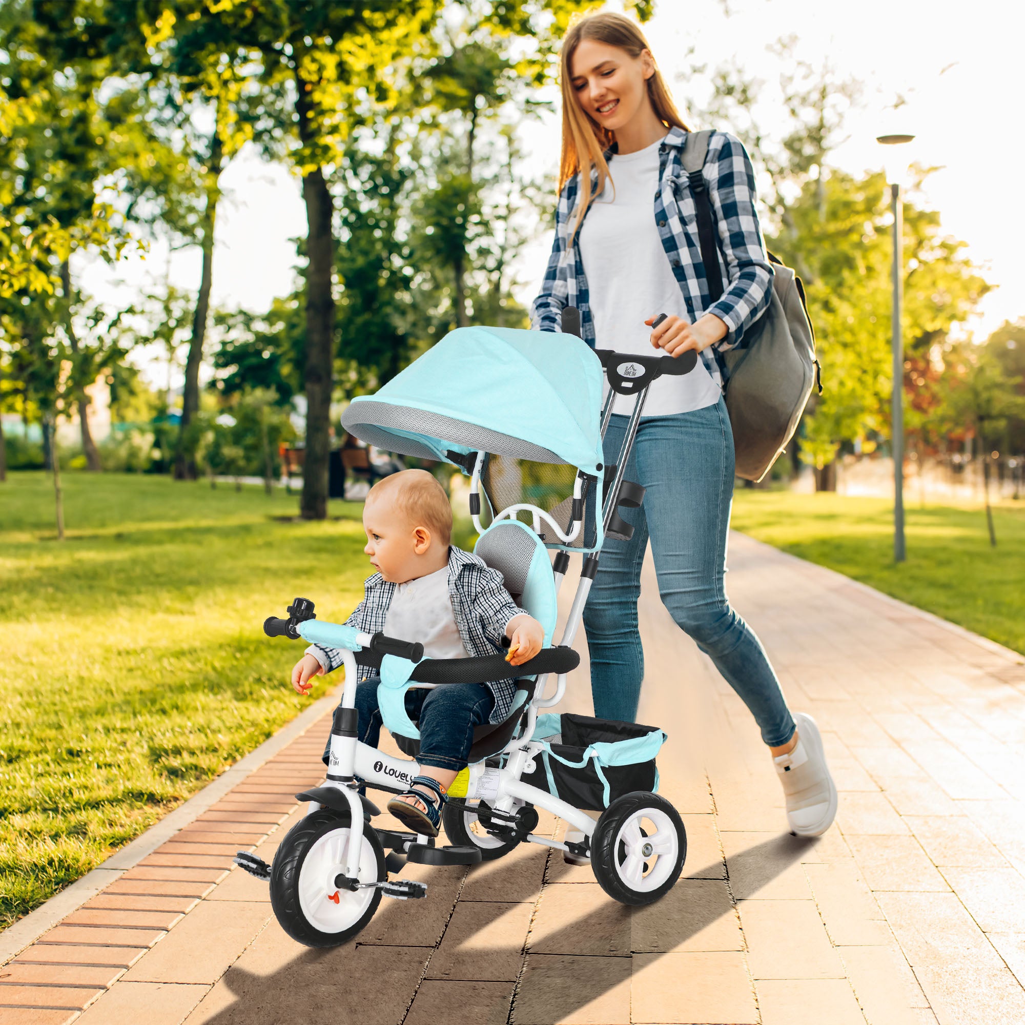 HOMCOM 6-in-1 Kinderdreirad mit Schiebestange, Dach, Gurt, Ablagekorb, für 1-5 Jahre, Grün