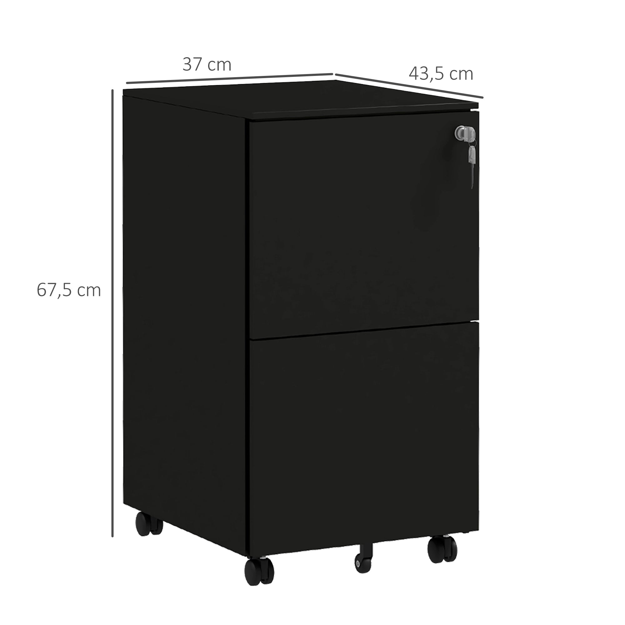 Vinsetto Rollcontainer Aktenschrank, 2 Schubladen, ab­schlie߭bar, rollbar, 37 cm x 43,5 cm x 67,5 cm, Schwarz