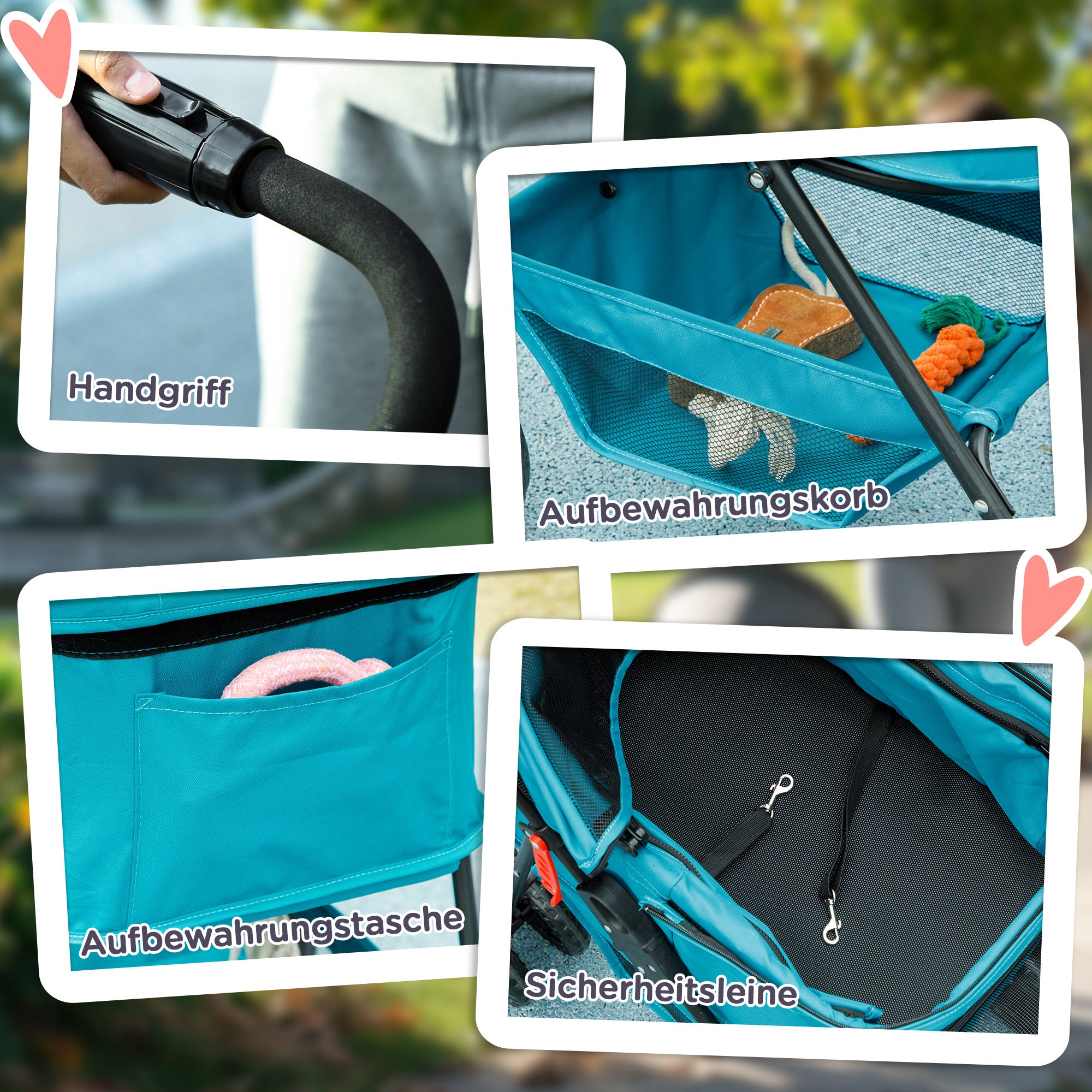 PawHut 3-in-1-Haustierkinderwagen, zusammenklappbarer Hundewagen mit 4 Rädern und abnehmbarer Trage für Hunde und Katzen Türkis