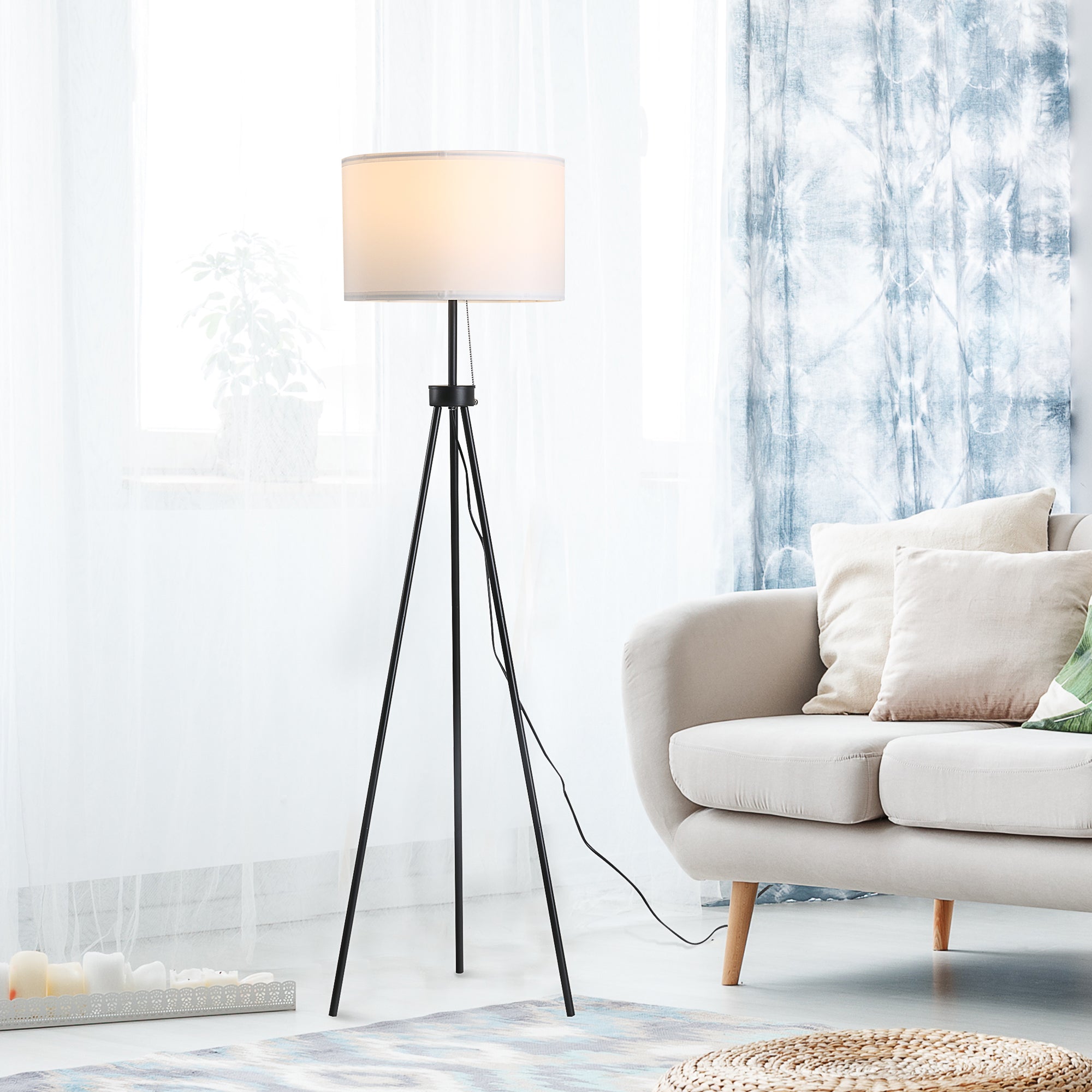 HOMCOM Stehlampe Stehleuchte Standleuchte E27, Stahl+Polyester, 37x37x152cm (Schwarz+Weiß)