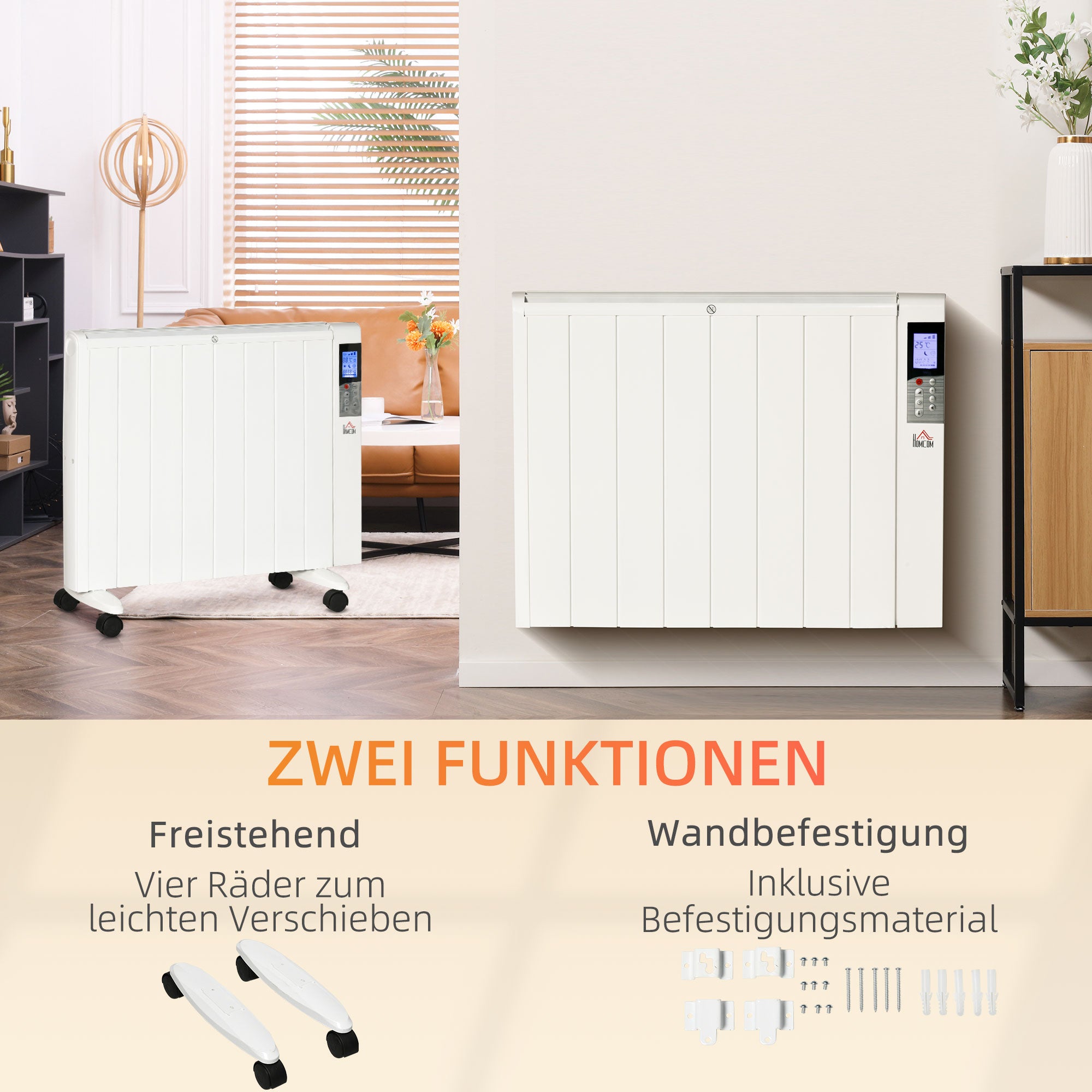 HOMCOM Elektroheizung mit Rollen, 9 vorinstallierte Modi, Wandmontage möglich, 5-35° C, weiß, 75 x 7,5 x 58,5 cm