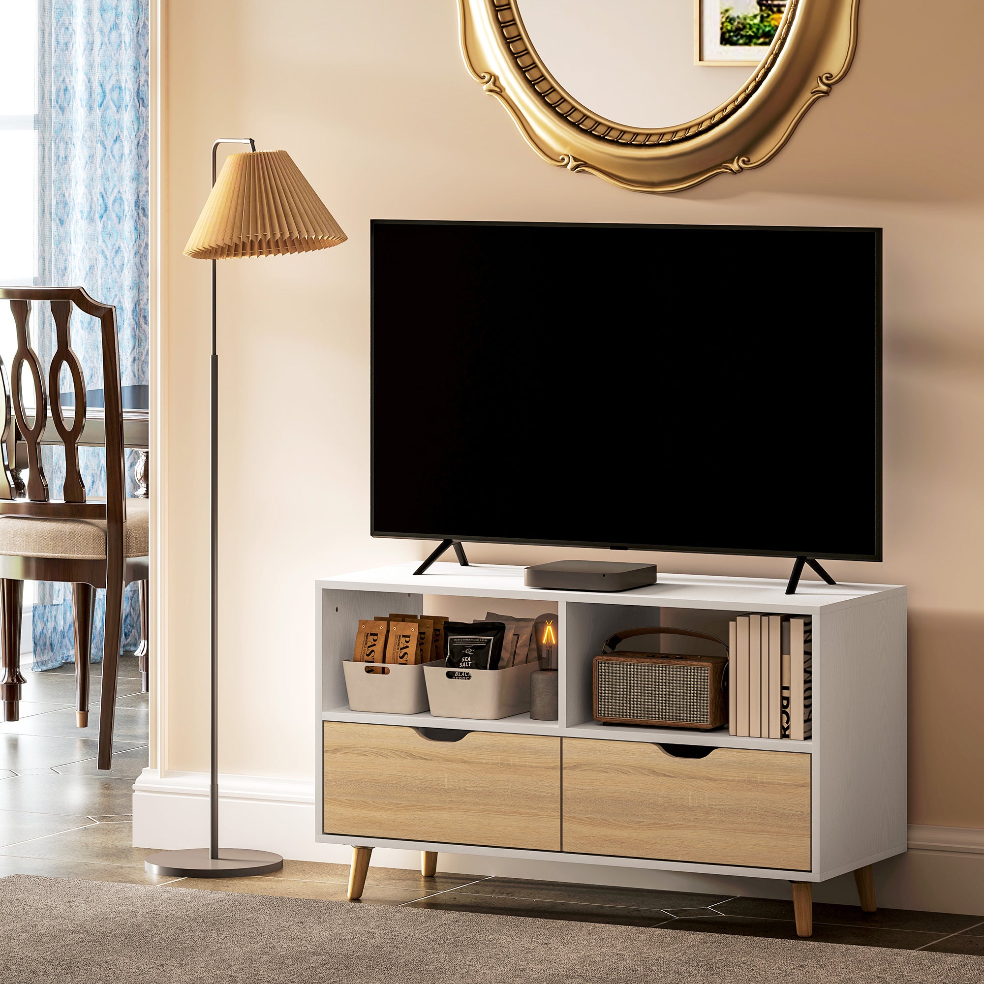HOMCOM TV-Schrank, TV-Kommode mit Schubladen, Offene Regale, Holz, 99 x 39 x 58 cm, Weiß
