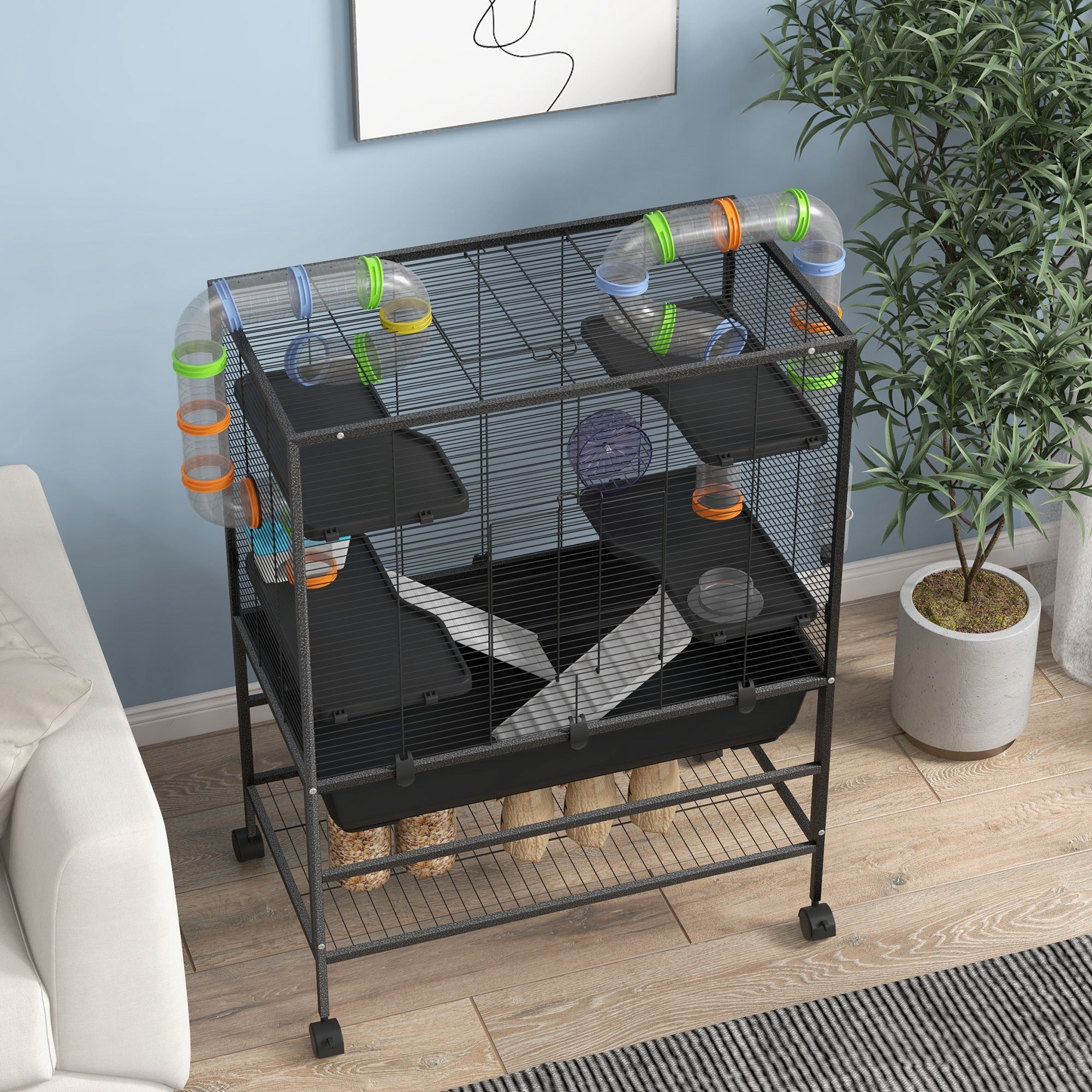 PawHut Hamsterkäfig mit Röhren, Laufrad, Häuschen, Wasserspender, 109 x 82 x 46 cm, Schwarz