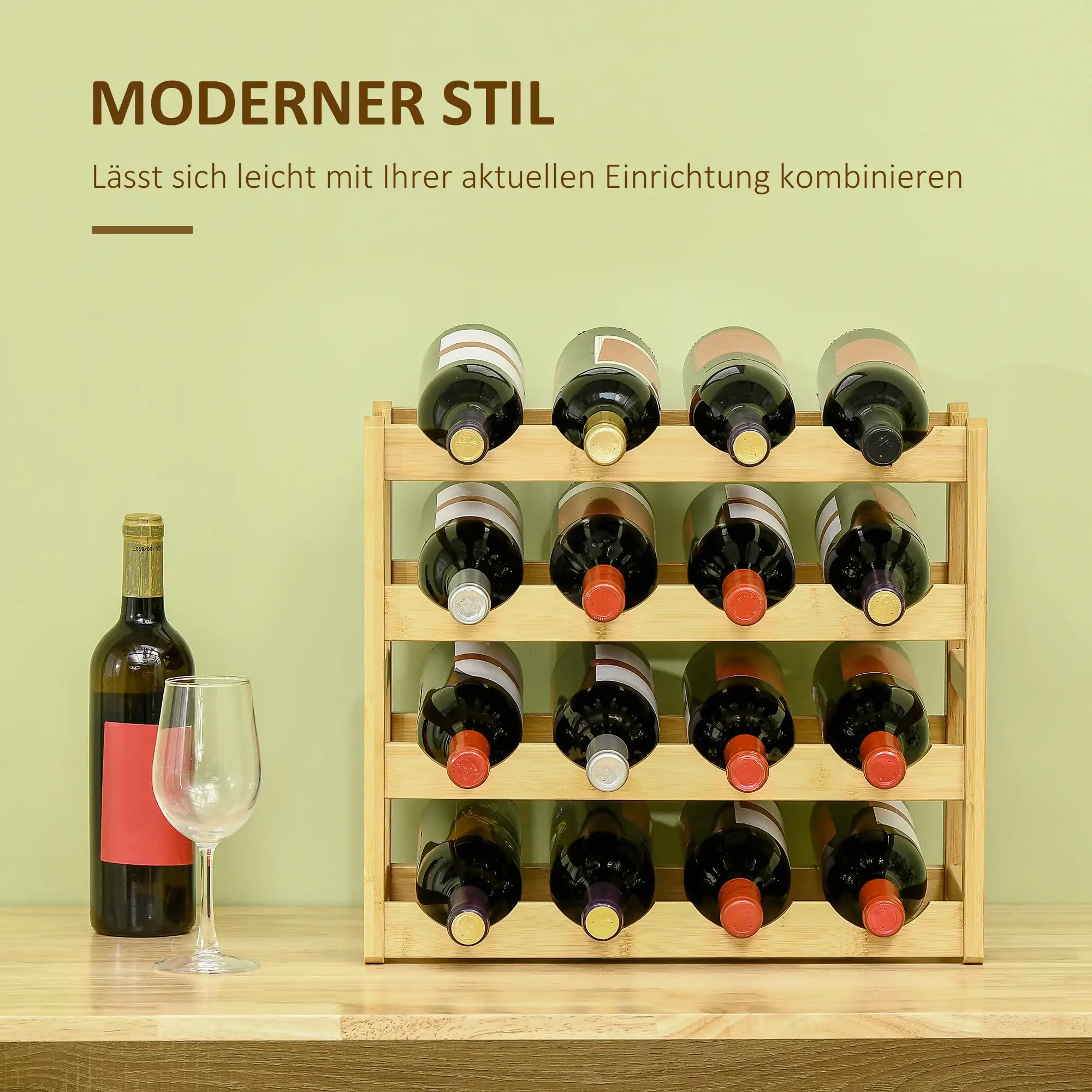 HOMCOM Weinregal aus Bambus für 16  Weinflaschen, 4 Regale, 43 cm x 23,5 cm x 38 cm Natur