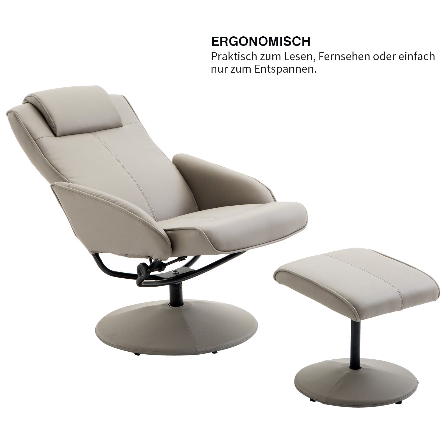 HOMCOM Relaxsessel mit Hocker, 360°drehbarer Fernsehsessel mit Liegefunktion, TV Sessel, Kunstleder, Lesesessel für Wohnzimmer, Schlafzimmer, Grau
